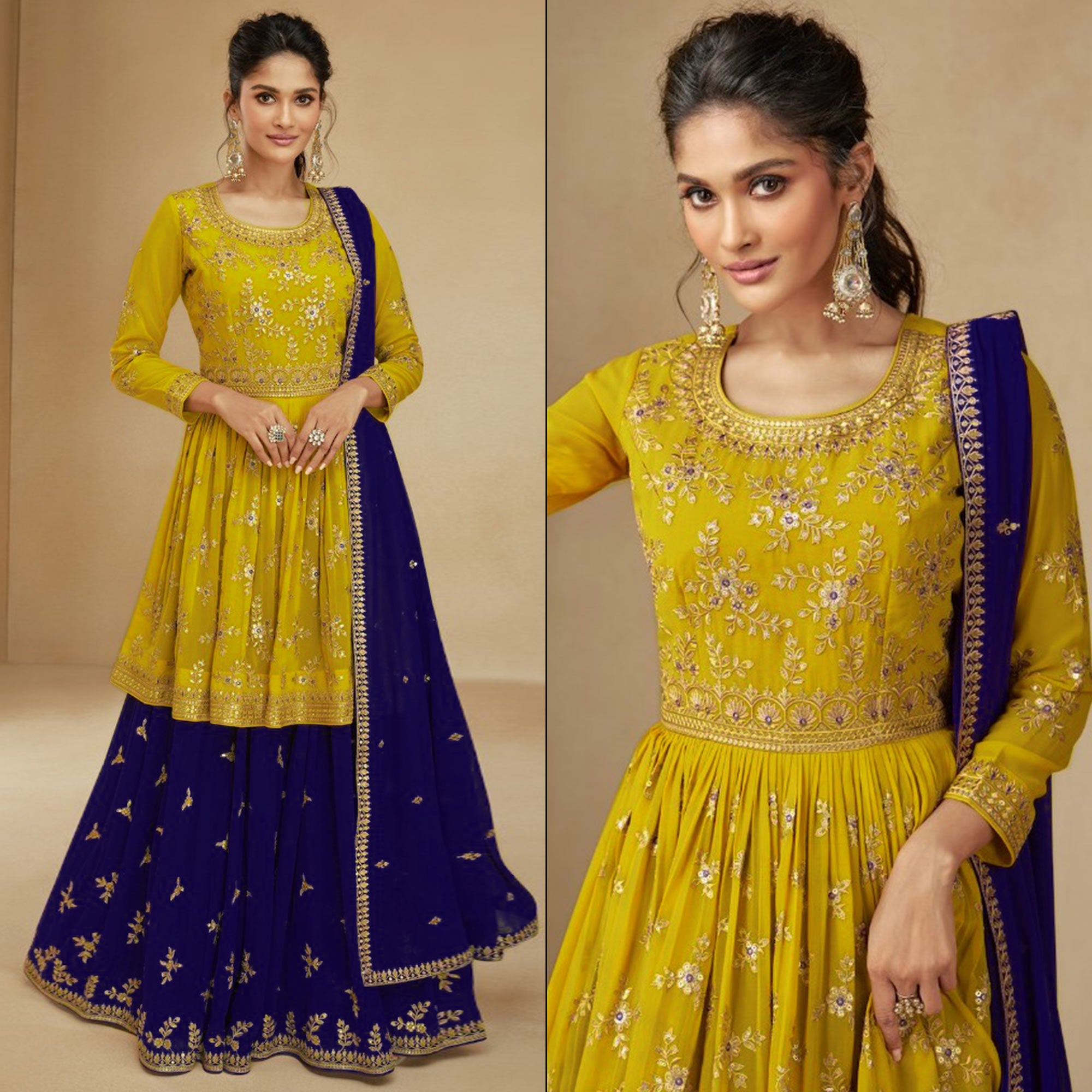 Yellow & Purple Embroidered Georgette Semi Stitched Sharara Suit