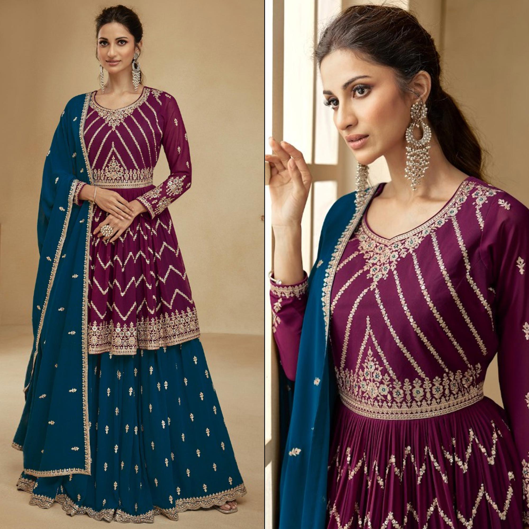 Burgundy & Teal Blue Embroidered Georgette Semi Stitched Sharara Suit