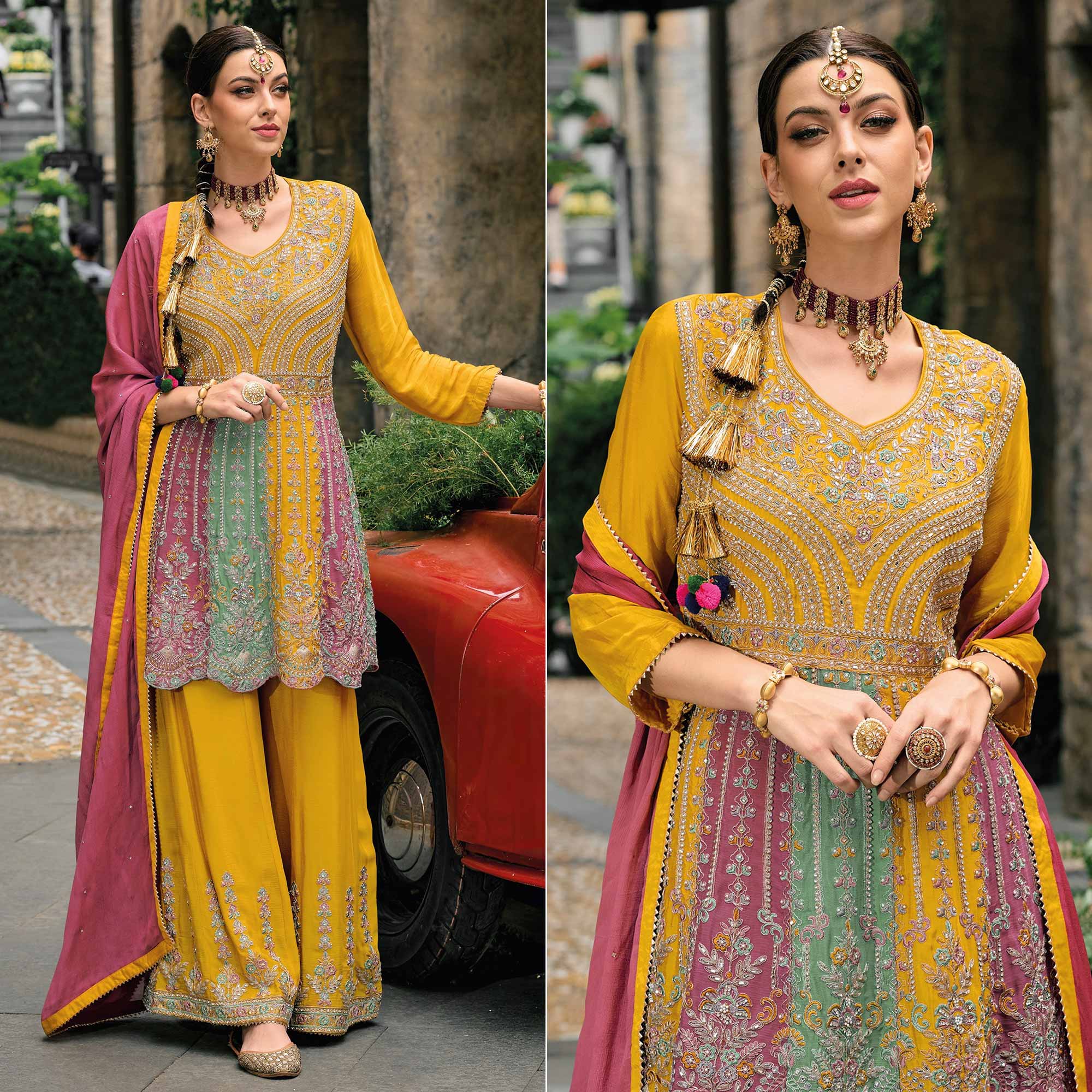 Yellow Embroidered Chinon Semi Stitched Sharara Suit