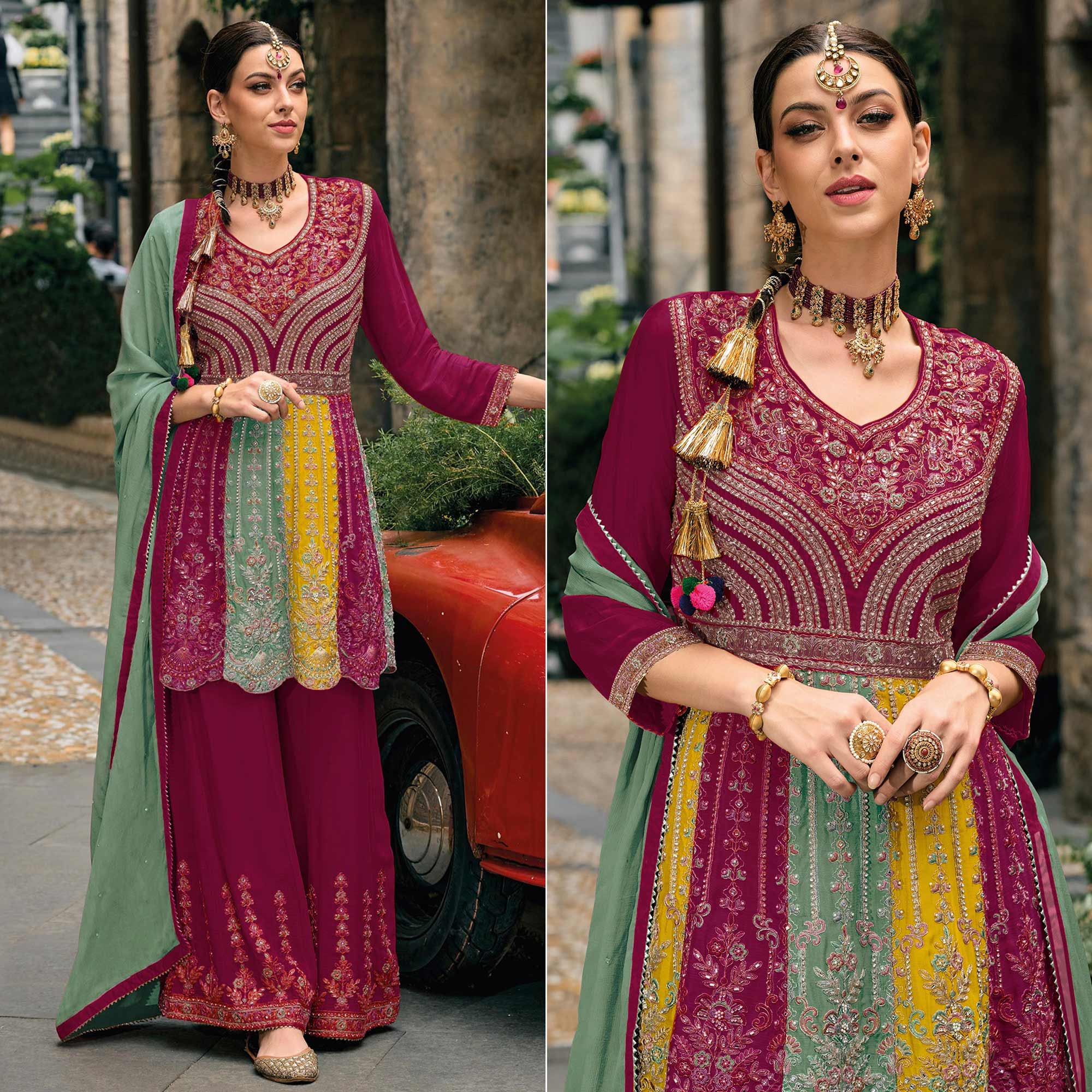 Pink Embroidered Chinon Semi Stitched Sharara Suit