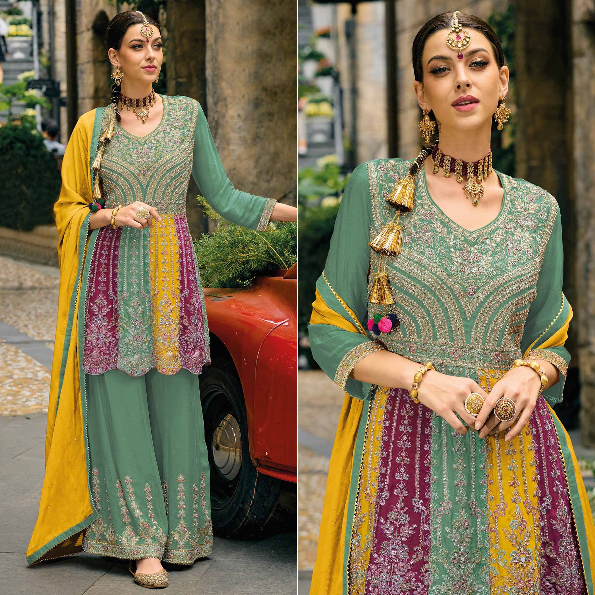Green Embroidered Chinon Semi Stitched Sharara Suit
