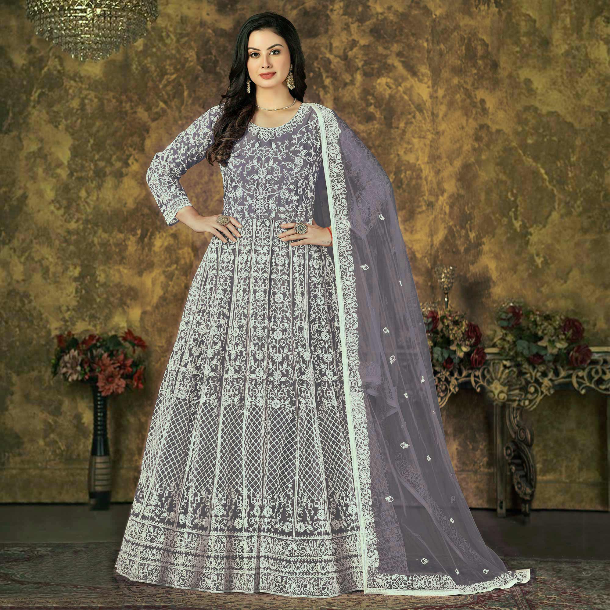 Purple Floral Embroidered Net Semi Stitched Anarkali Suit