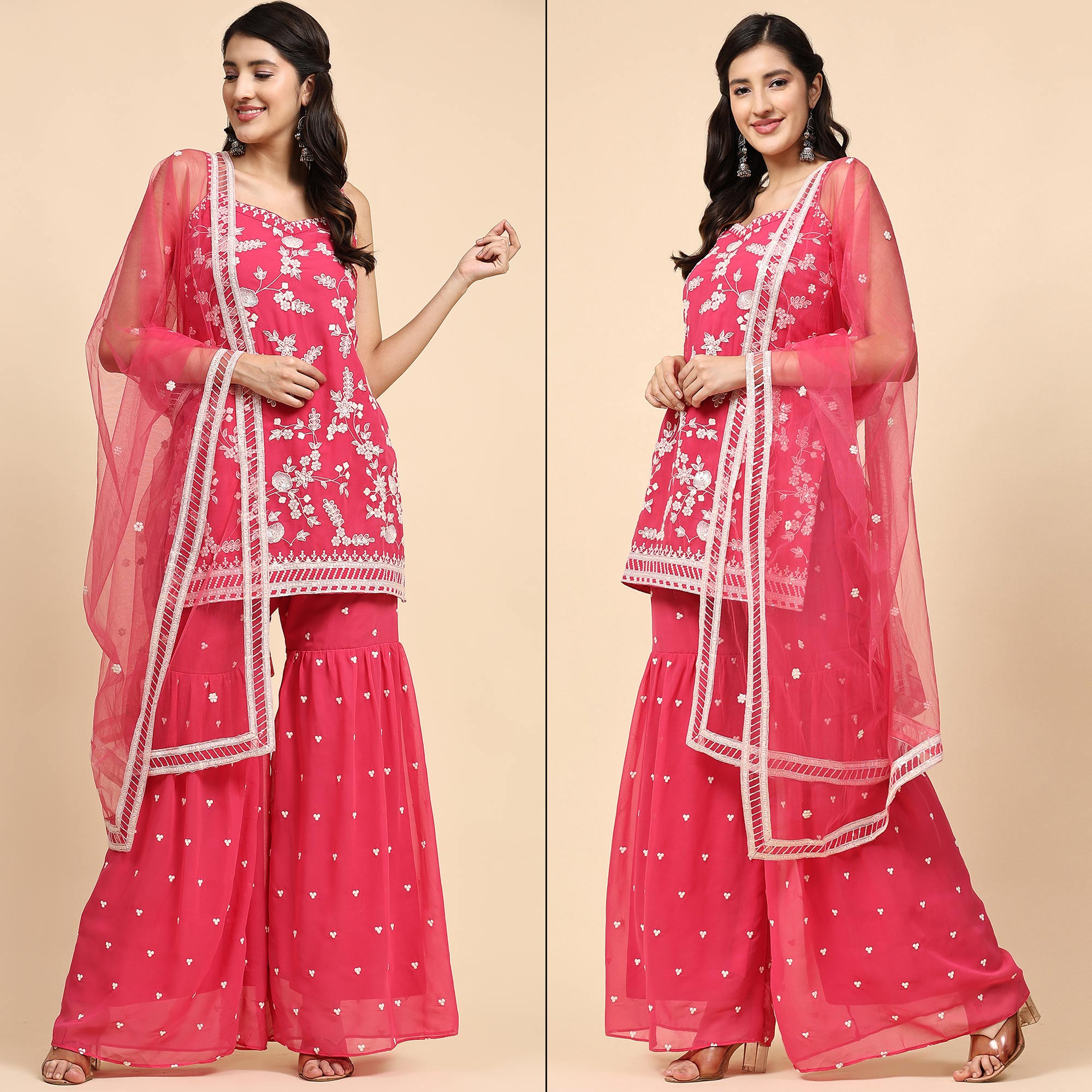 Pink Floral Sequins Embroidered Georgette Semi Stitched Suit