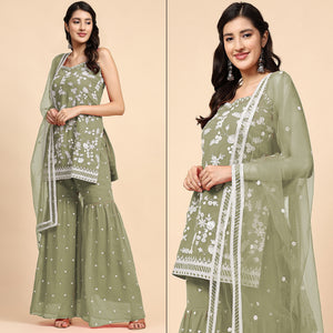Green Floral Sequins Embroidered Georgette Semi Stitched Suit