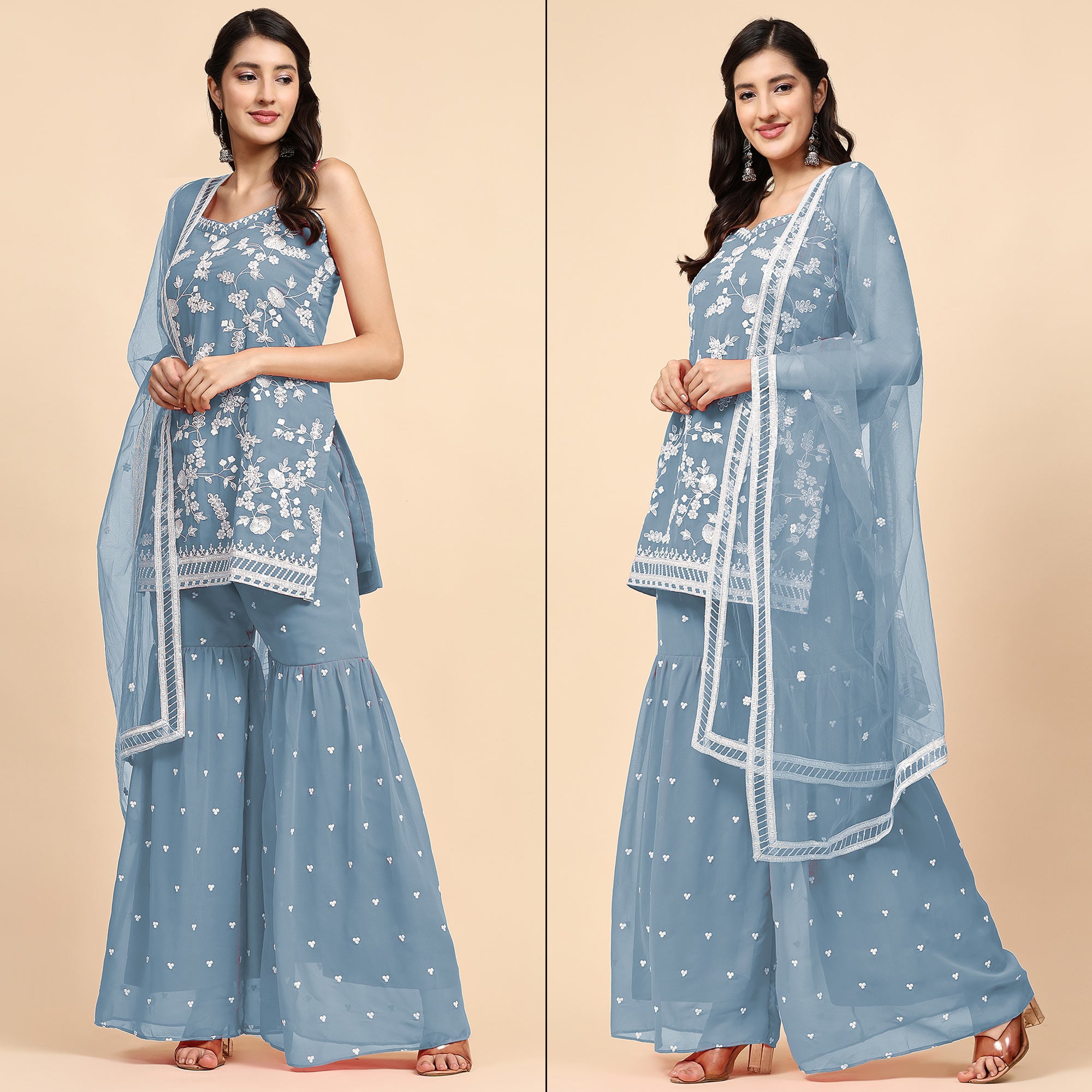 Sky Blue Floral Sequins Embroidered Georgette Semi Stitched Suit