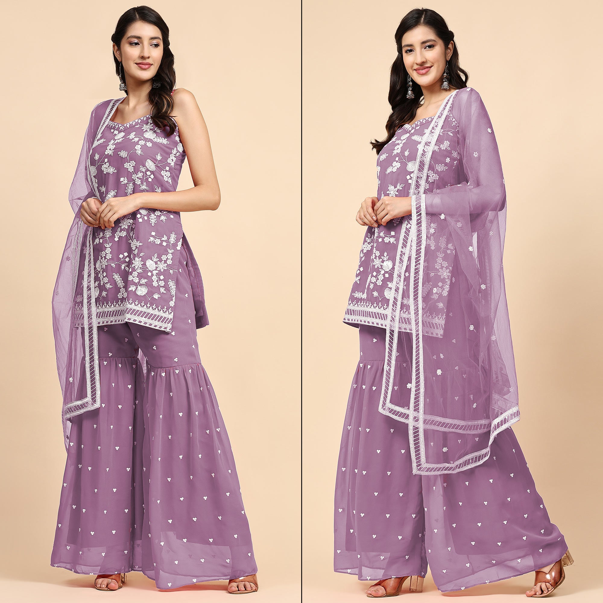 Purple Floral Sequins Embroidered Georgette Semi Stitched Suit