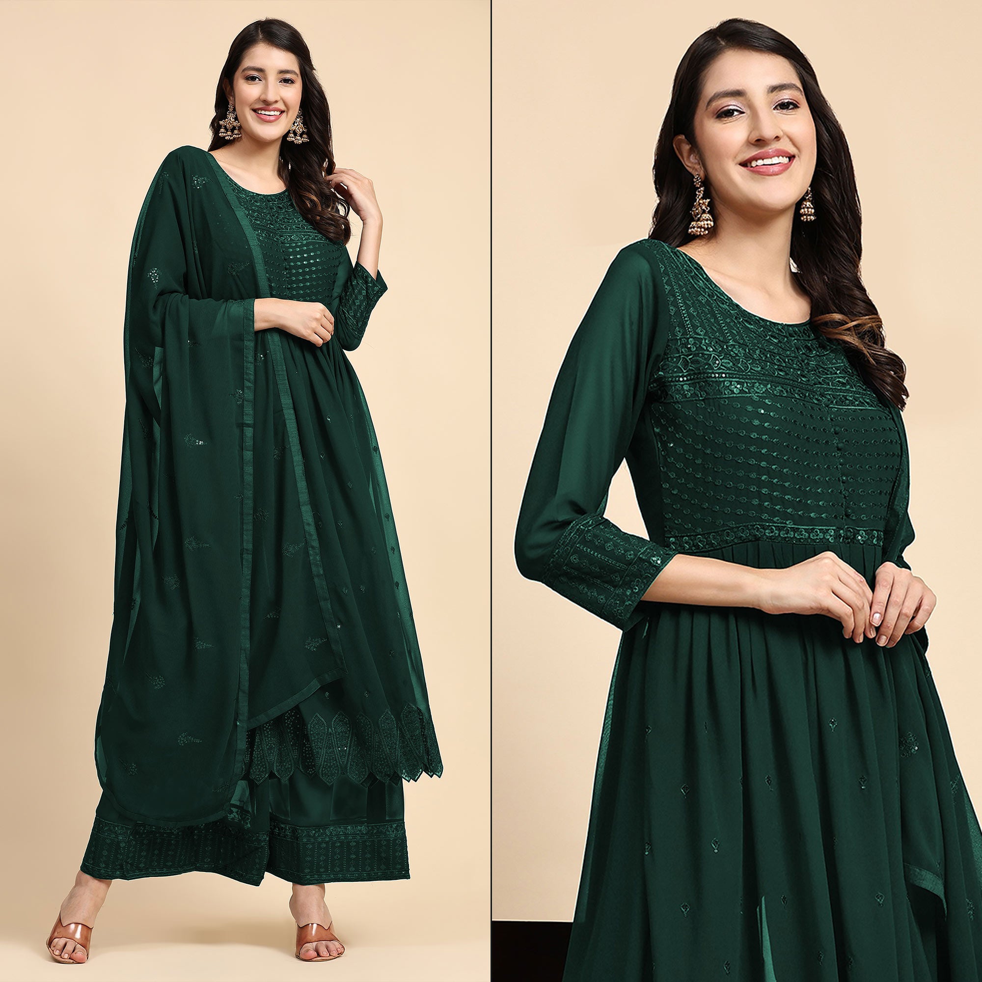 Green Sequins Embroidered Georgette Semi Stitched Suit