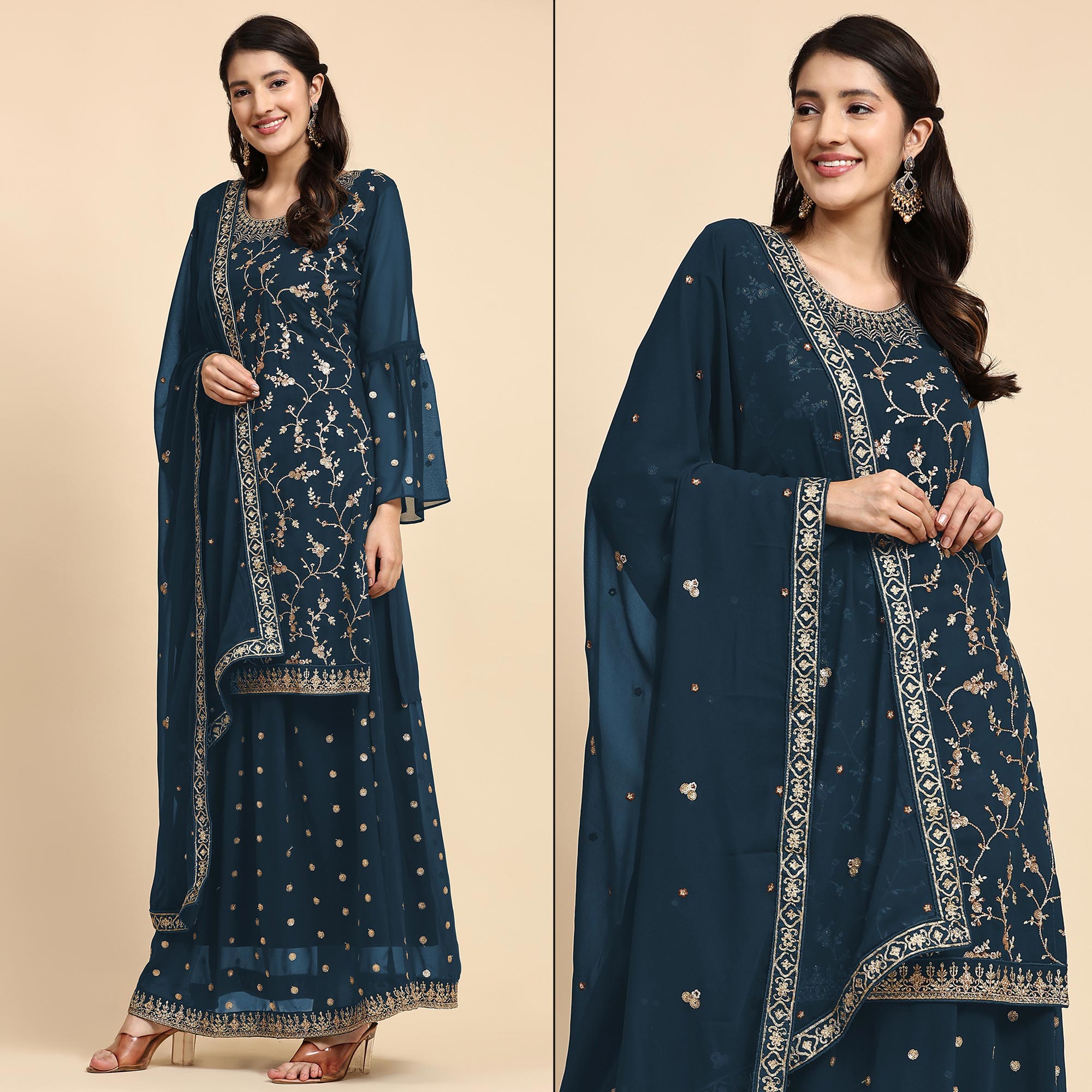 Blue Floral Embroidered Georgette Semi Stiched Suit