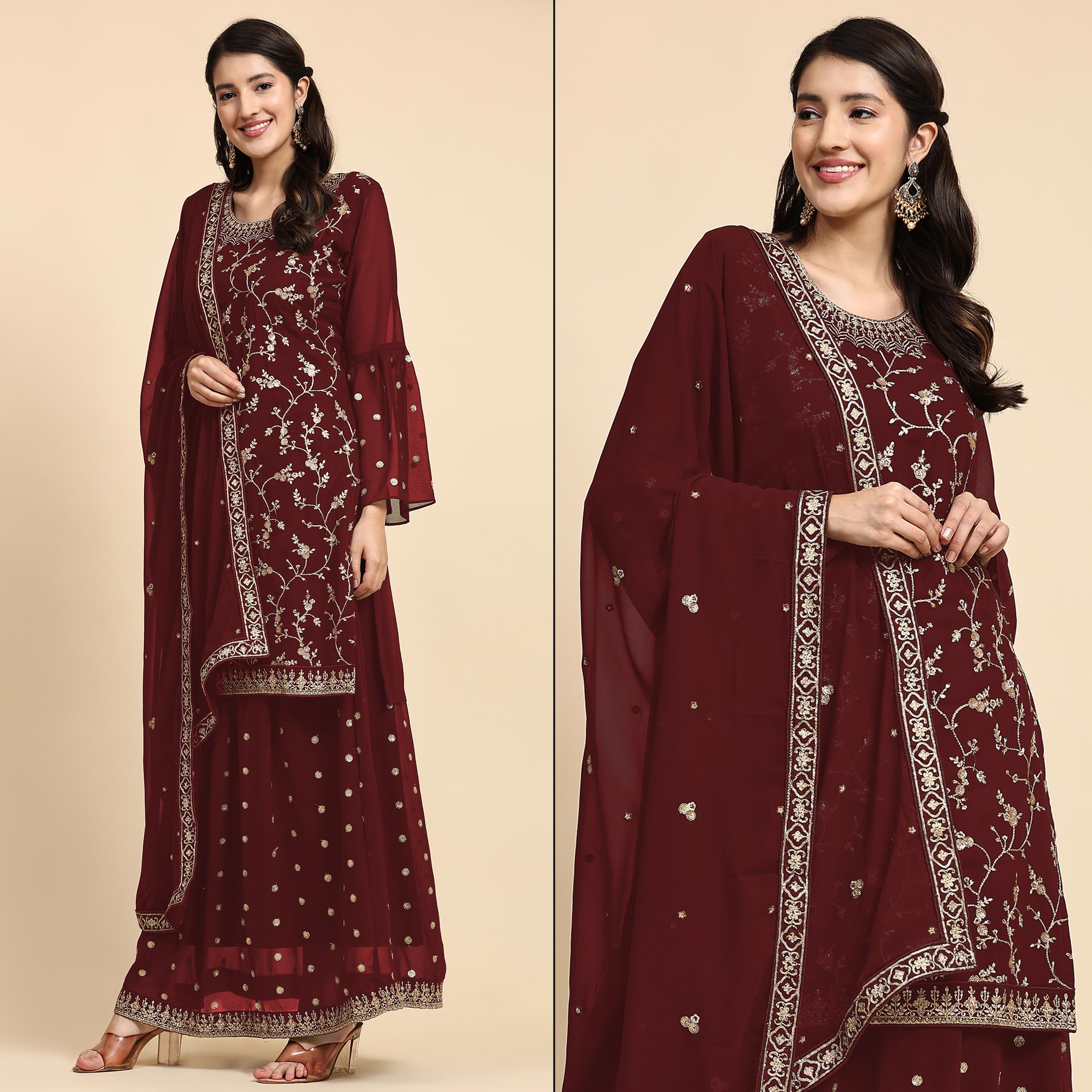 Maroon Floral Embroidered Georgette Semi Stitched Suit