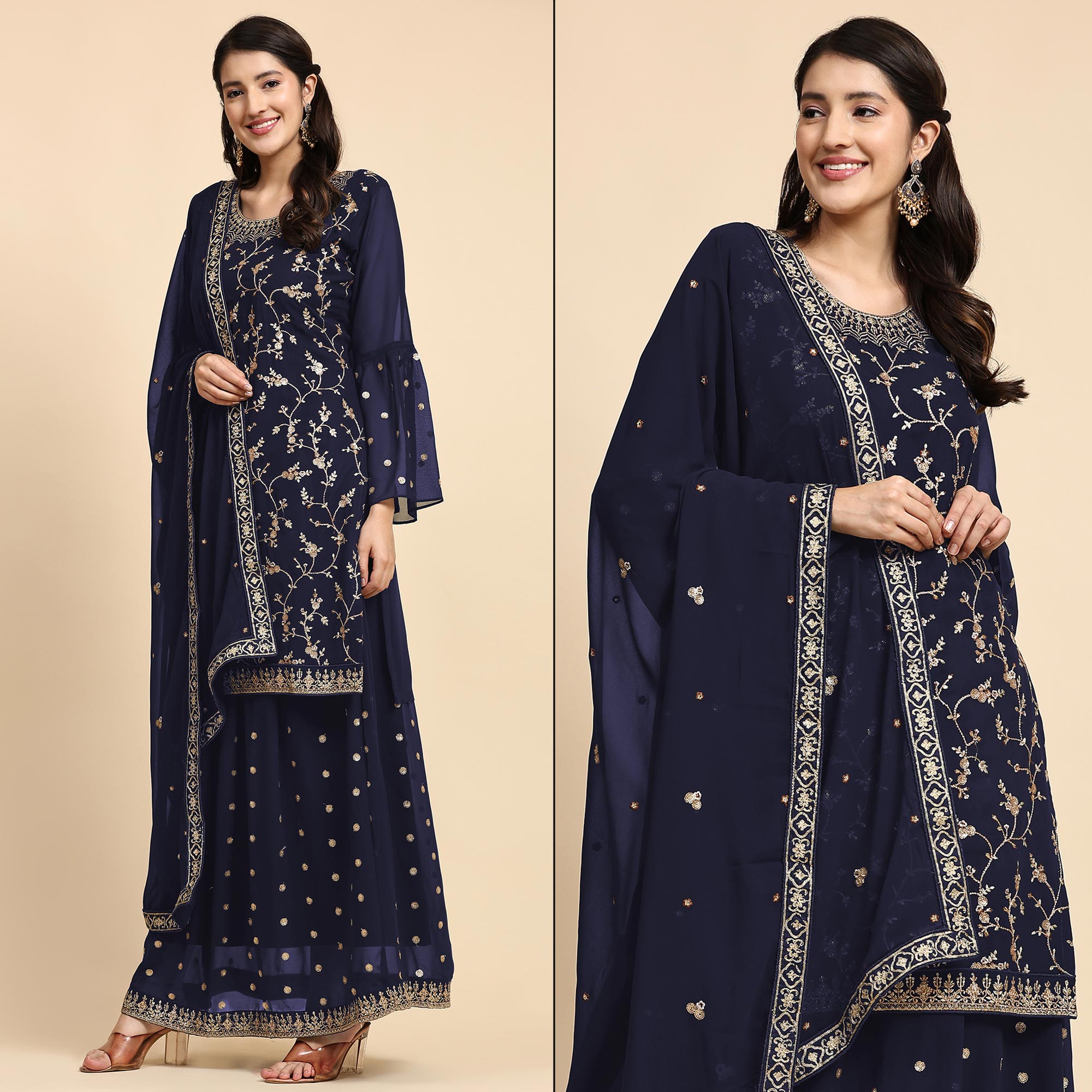 Navy Blue Floral Embroidered Georgette Semi Stitched Suit