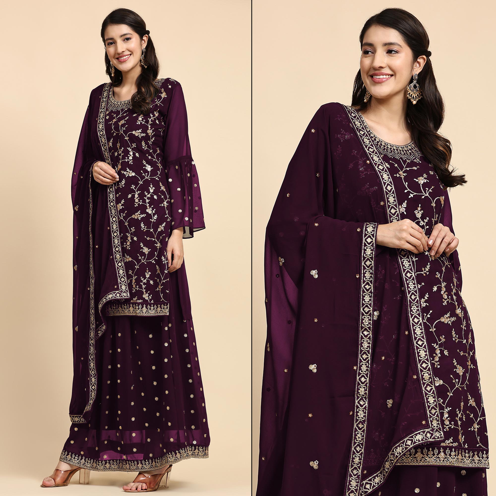 Purple Floral Embroidered Georgette Semi Stitched Suit