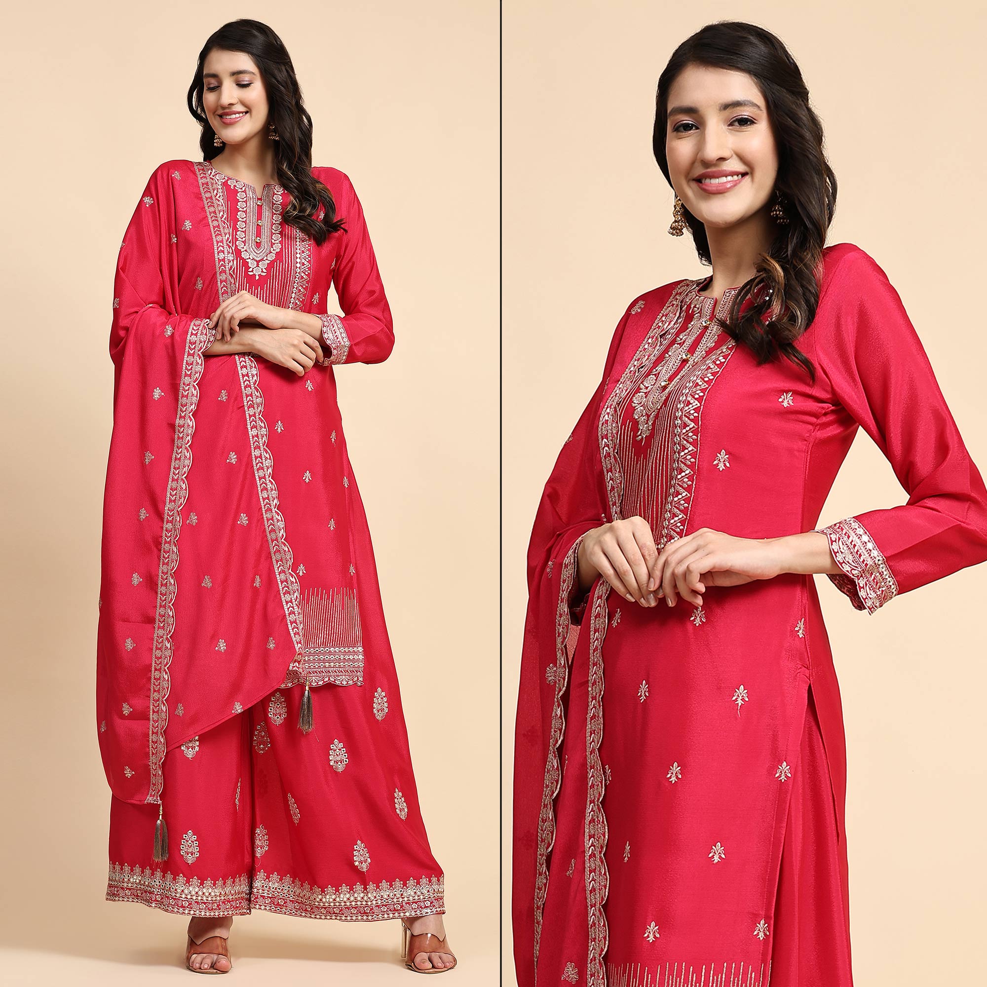 Pink Embroidered Chinon Semi Stitched Suit