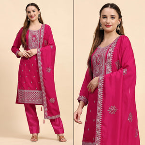 Pink Embroidered Dola Silk Straight Semi Stitched Suit