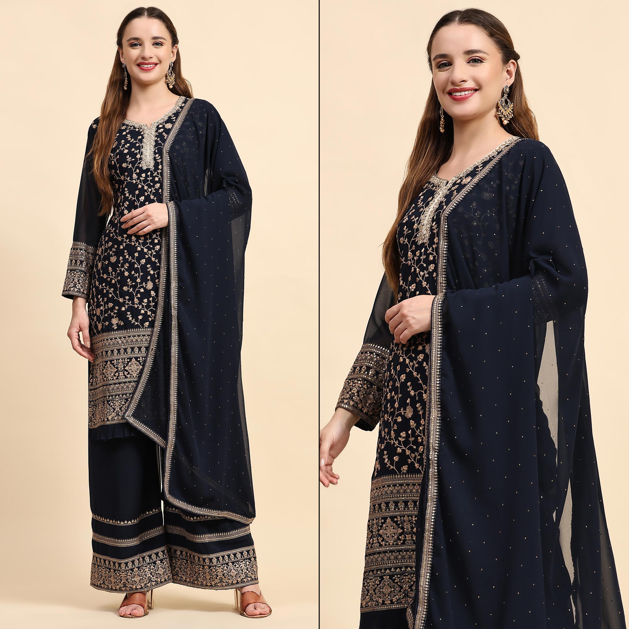 Navy Blue Embroidered Georgette Semi Stitched Suit