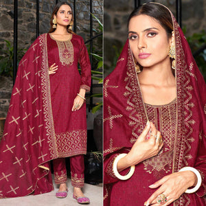 Red Embroidered Vichitra Silk Semi Stitched Salwar Suit
