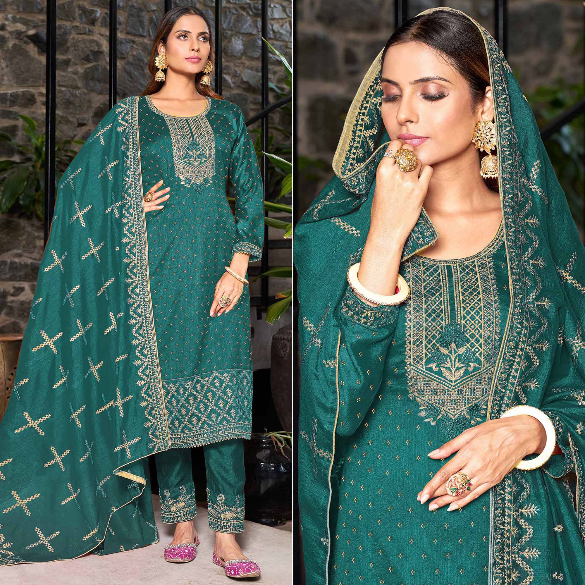 Green Embroidered Vichitra Silk Semi Stitched Salwar Suit