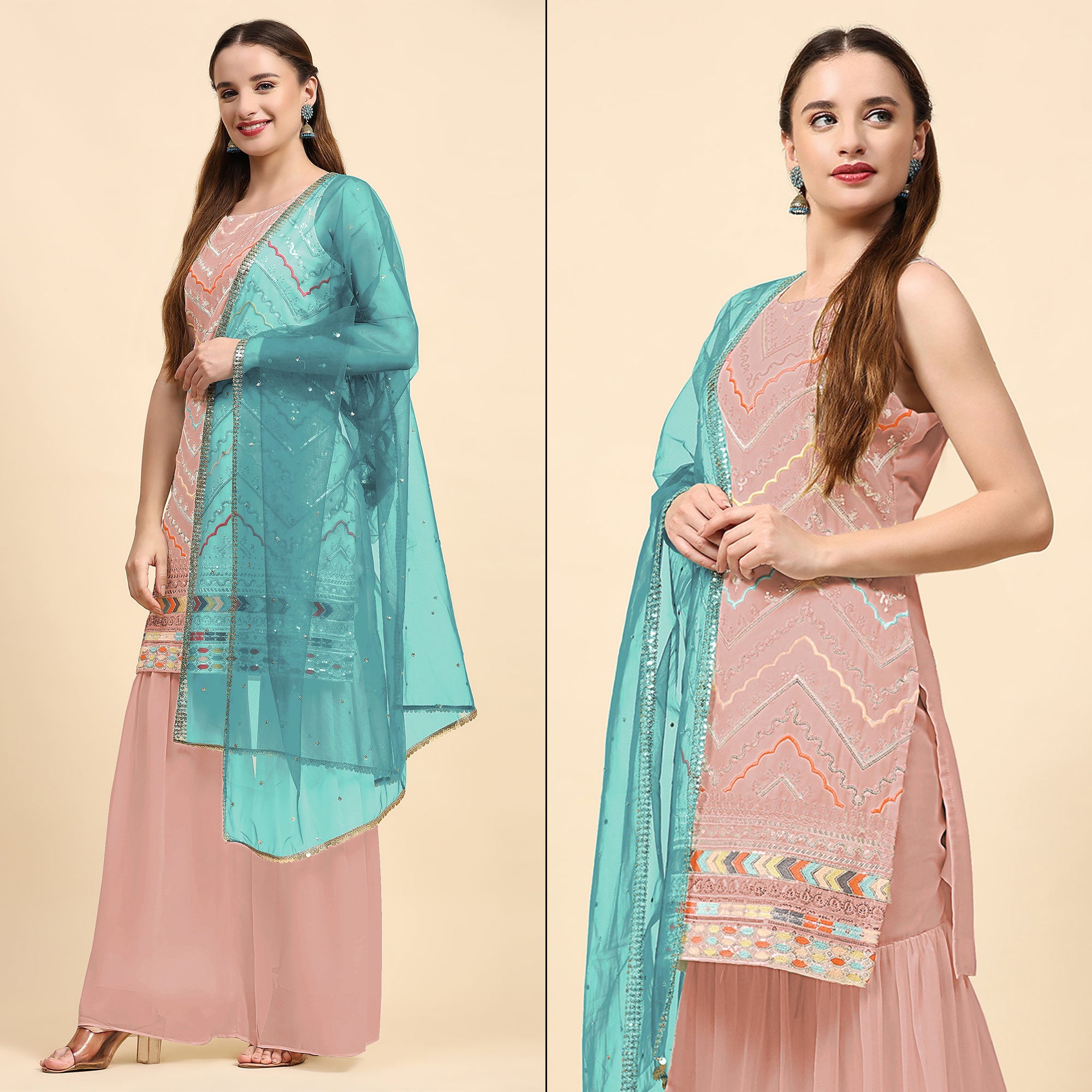 Peach Sequins Embroidered Georgette Semi Stitched Suit