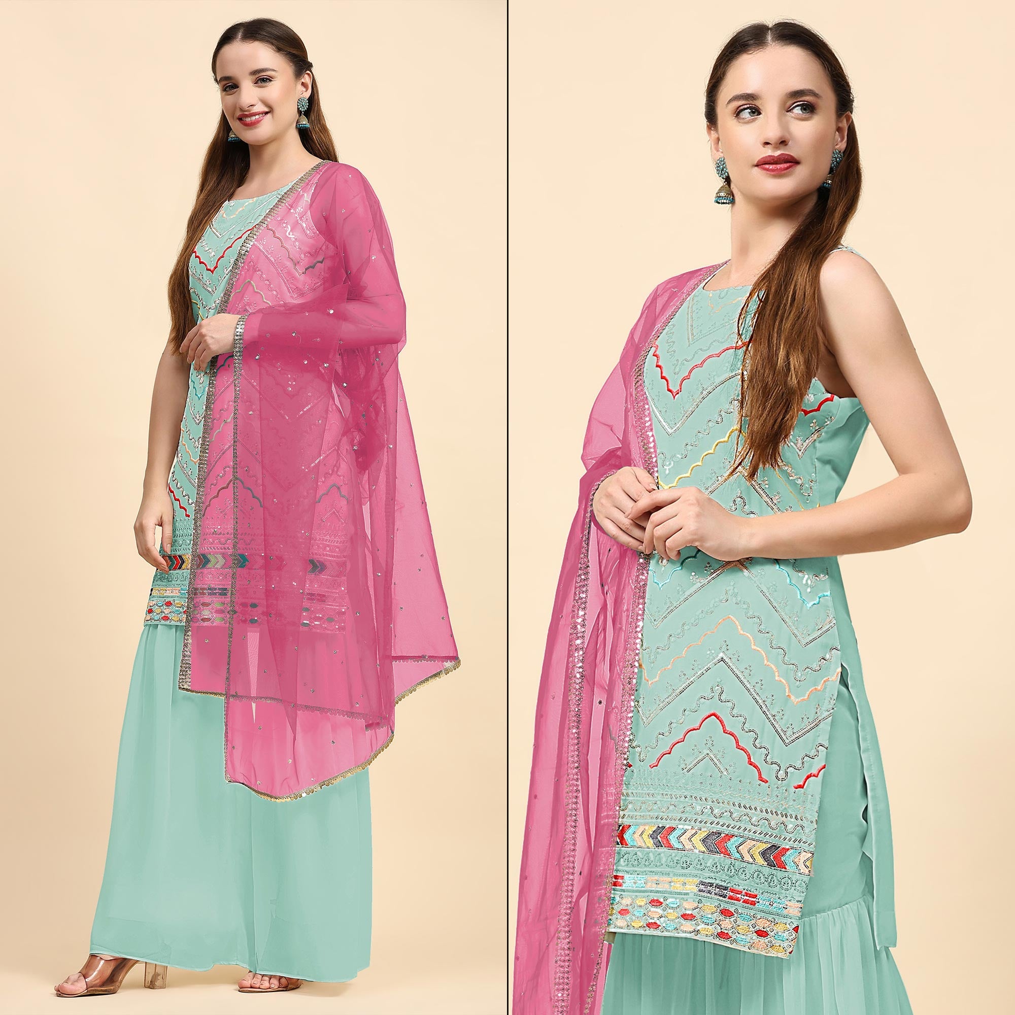 Blue Sequins Embroidered Georgette Semi Stitched Suit
