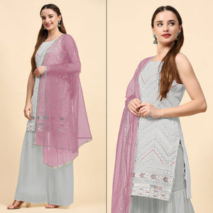 Grey Sequins Embroidered Georgette Semi Stitched Suit