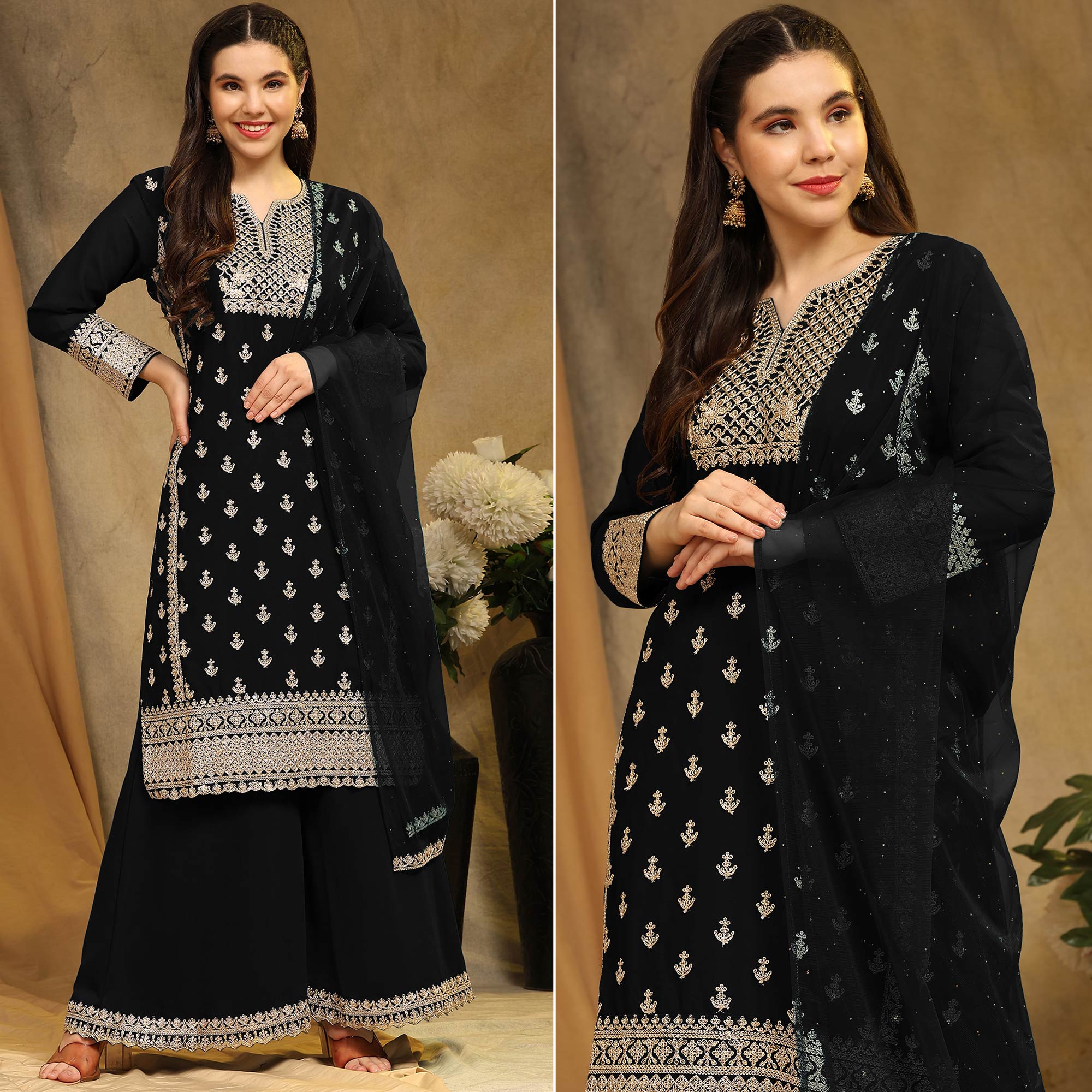 Black Floral Embroidered Georgette Semi Stitched Suit