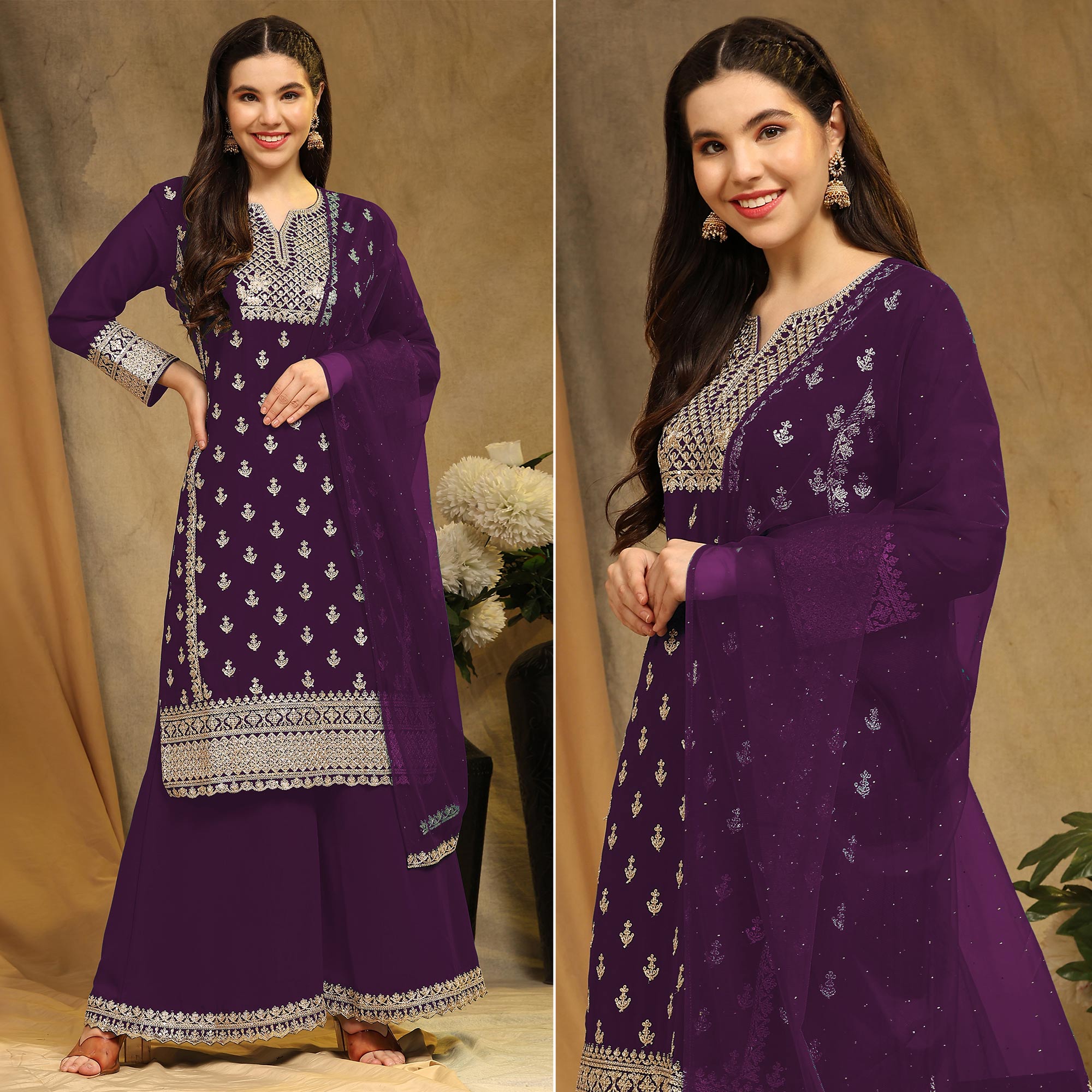 Purple Floral Embroidered Georgette Semi Stitched Suit