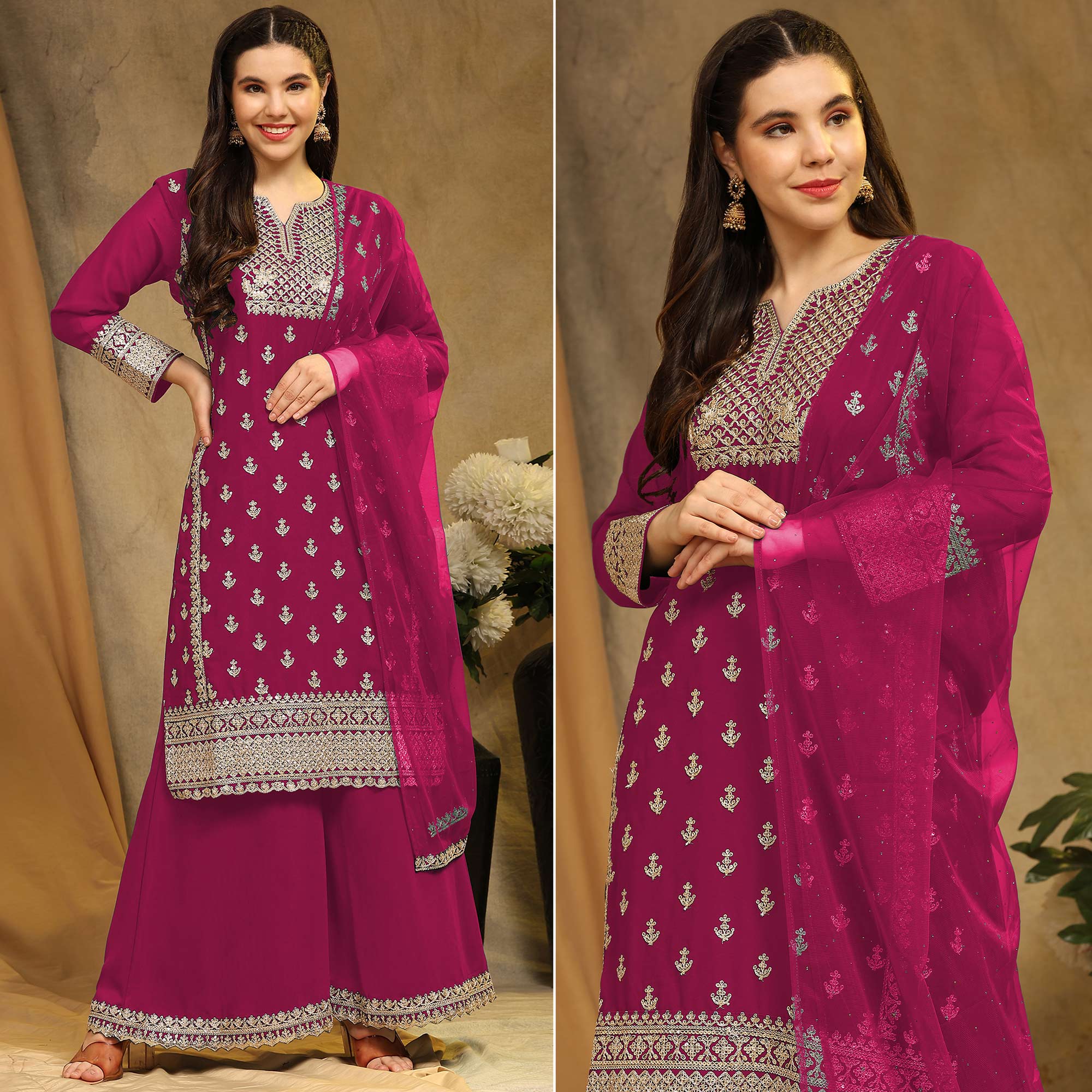Pink Floral Embroidered Georgette Semi Stitched Suit