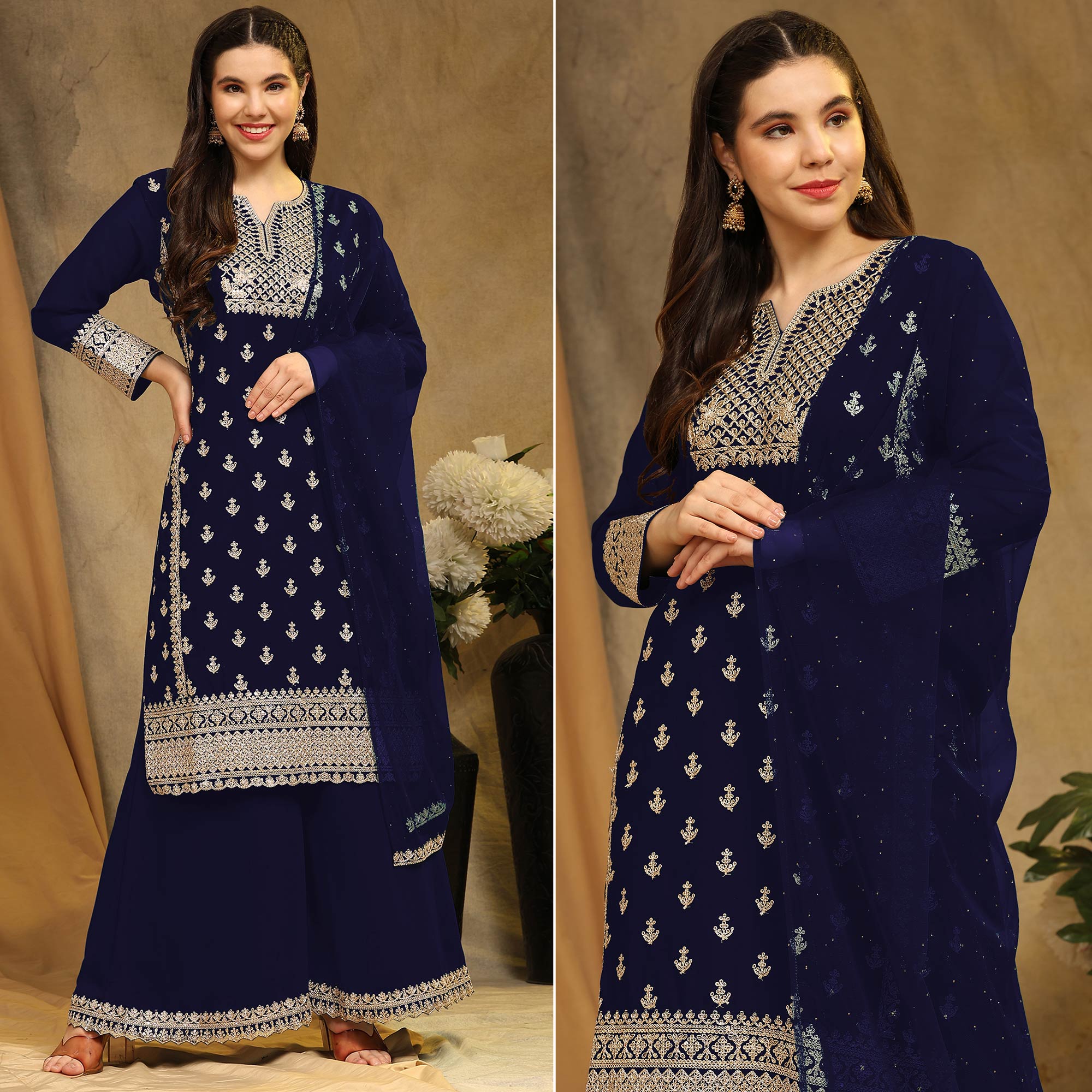 Blue Floral Embroidered Georgette Semi Stitched Suit