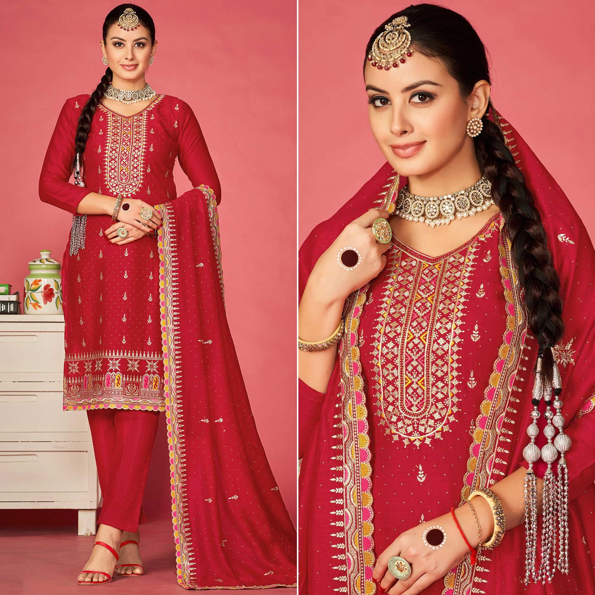 Red Embroidered With Swarovski Vichitra Silk Semi Stitched Suit