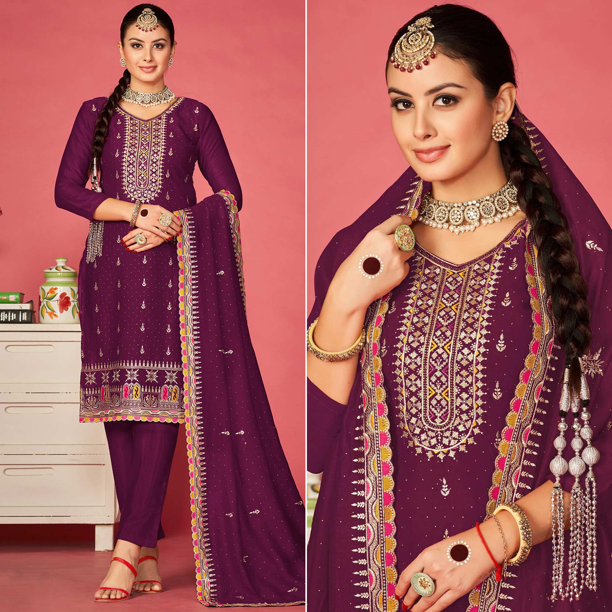 Purple Embroidered With Swarovski Vichitra Silk Semi Stitched Suit