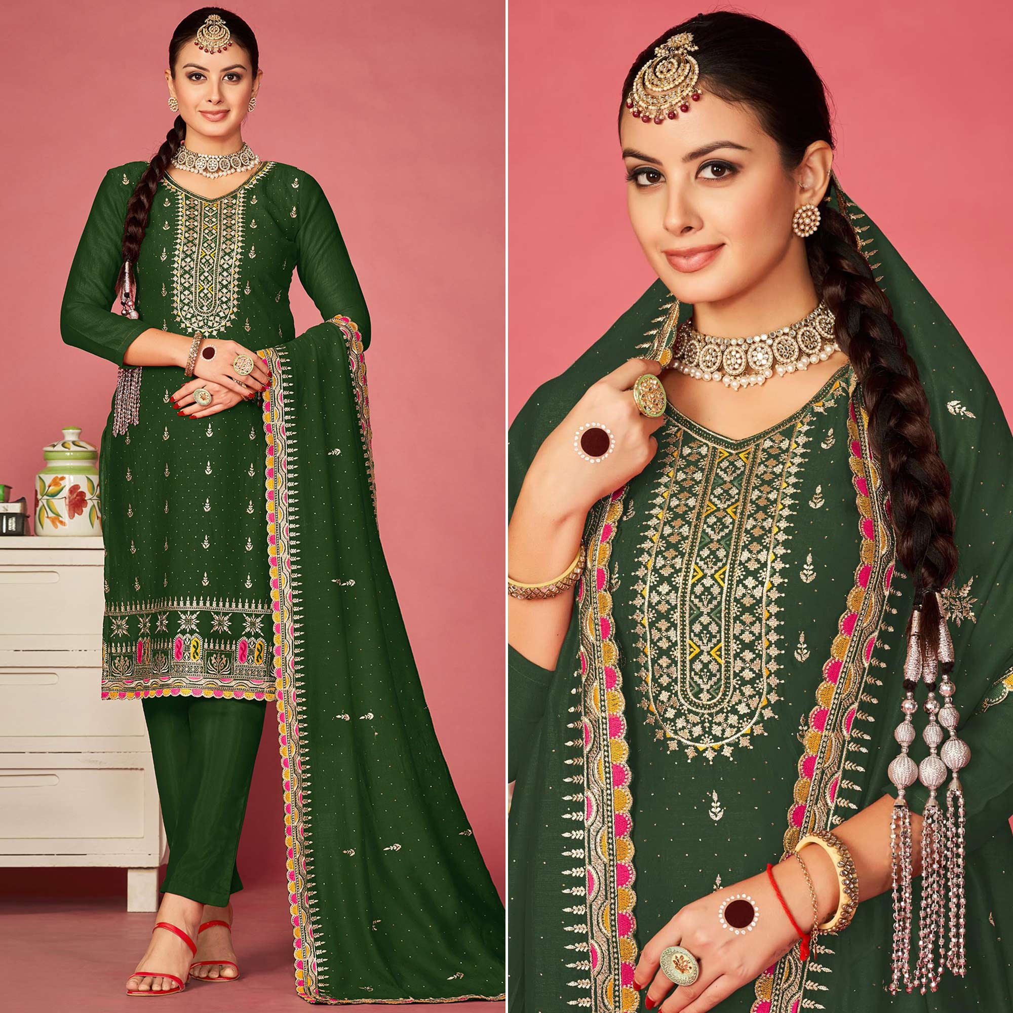 Green Embroidered With Swarovski Vichitra Silk Semi Stitched Suit