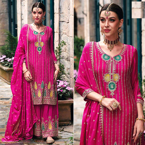 Pink Floral Embroidered Chinon Semi Stitched Suit