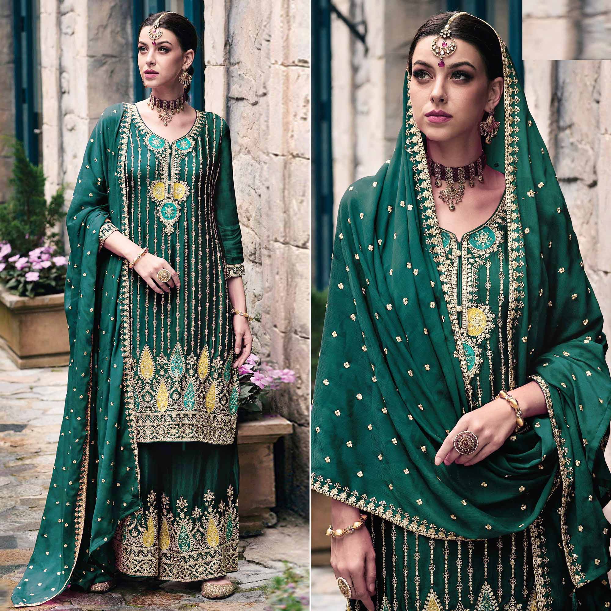 Green Floral Embroidered Chinon Semi Stitched Suit