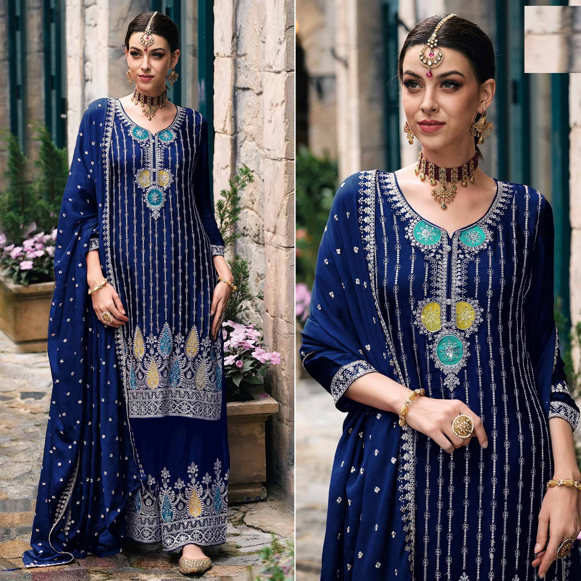 Blue Floral Embroidered Chinon Semi Stitched Suit
