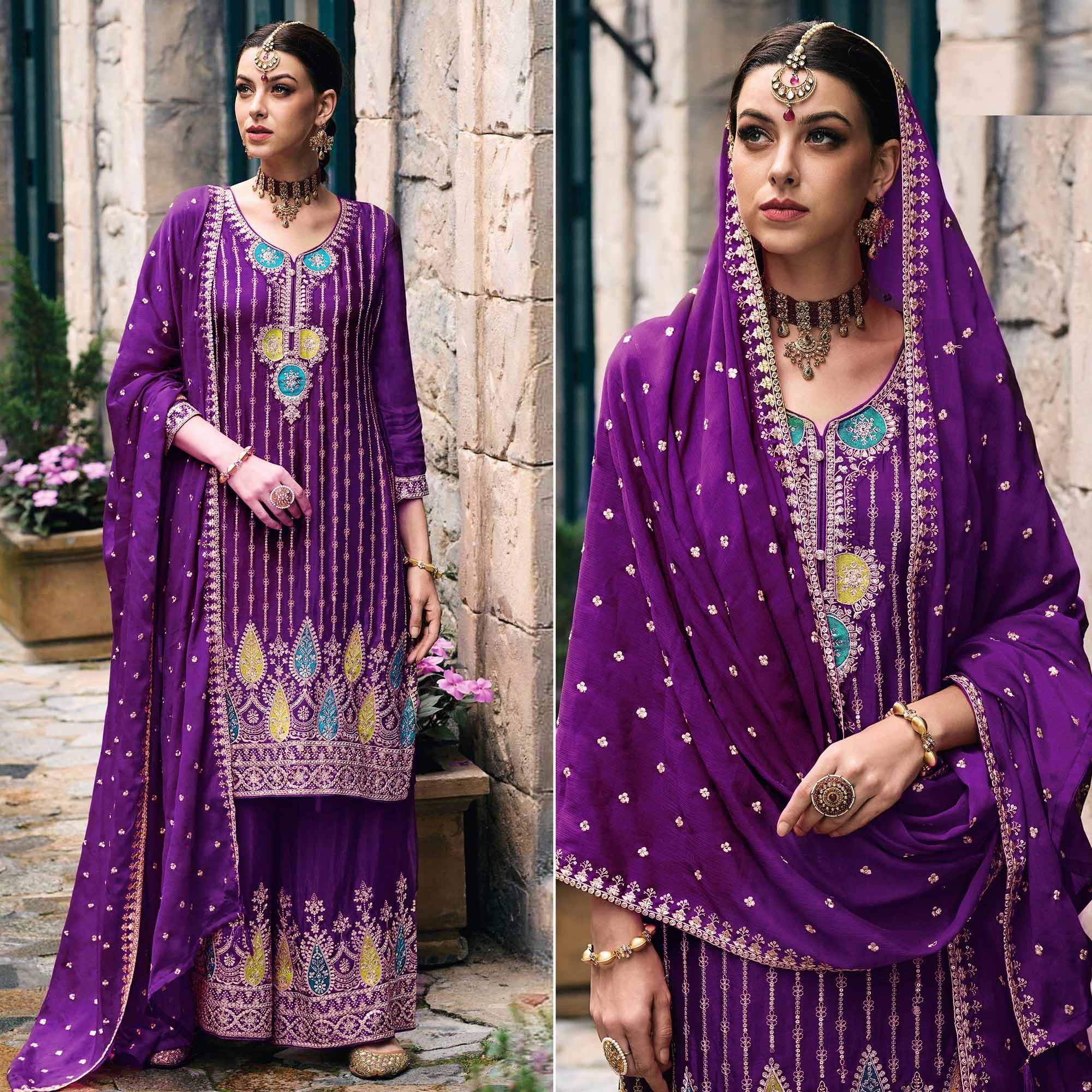Purple Floral Embroidered Chinon Semi Stitched Suit