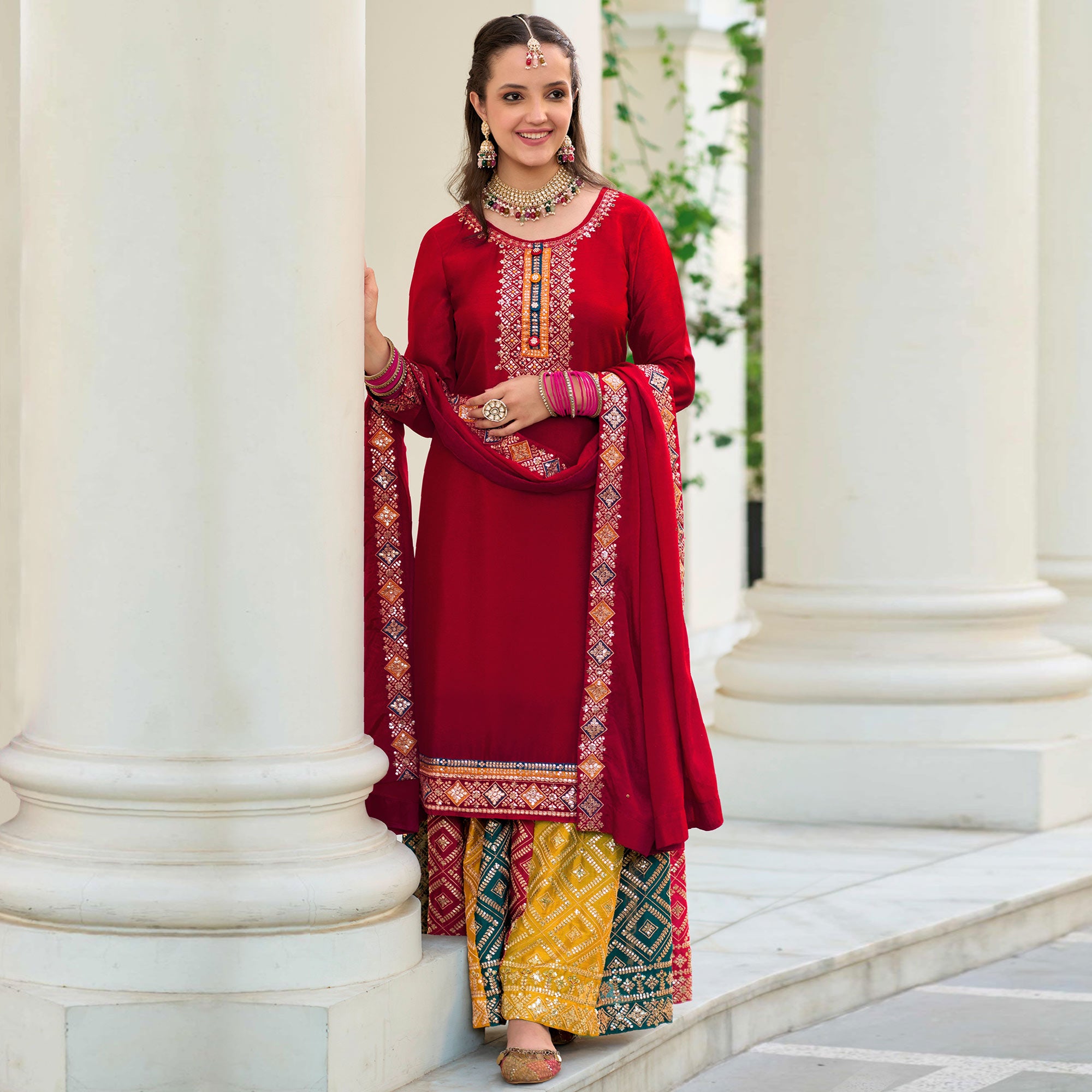 Red Embroidered Georgette Semi Stitched Palazzo Suit