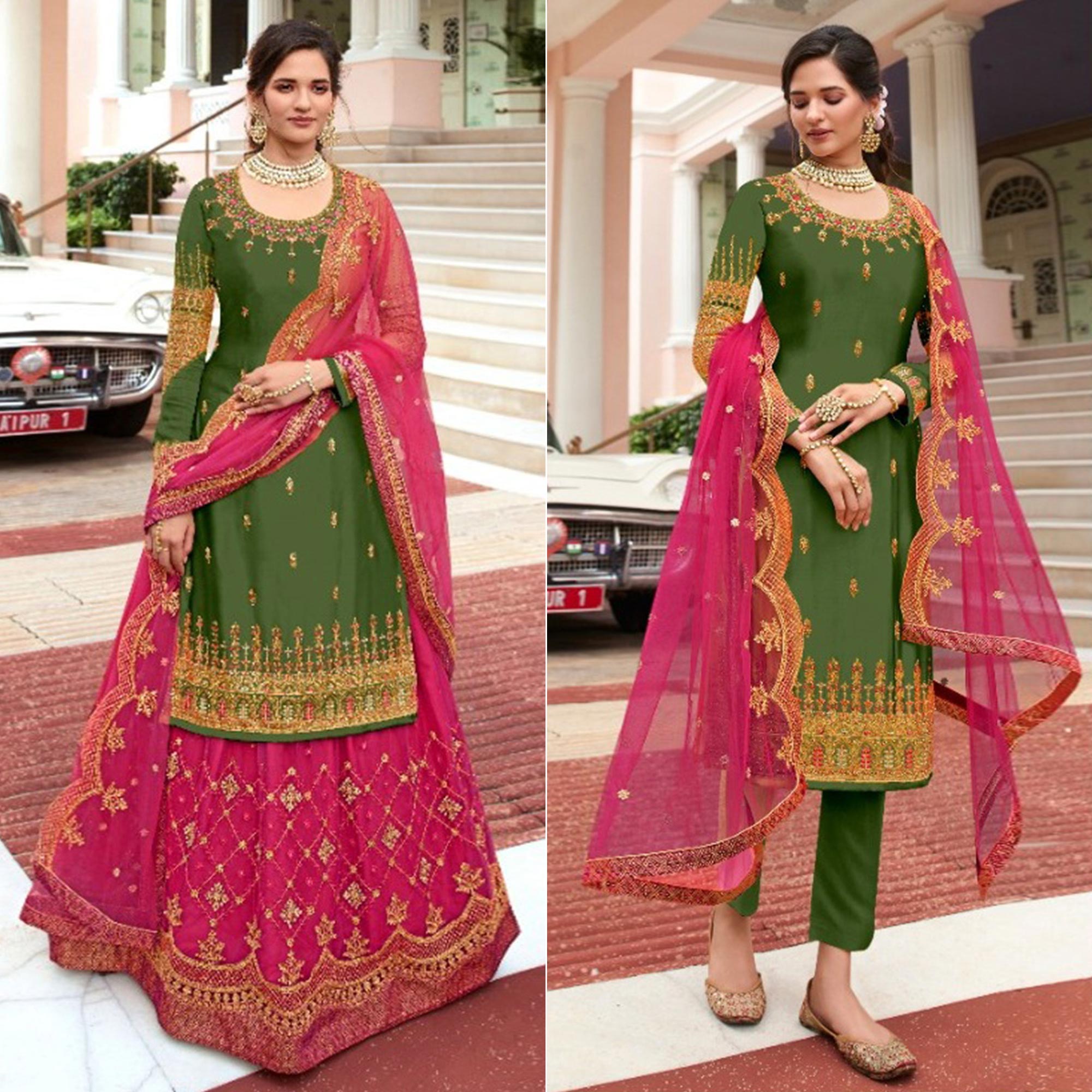 Green Embroidered Georgette Lehenga Kameez And Suit