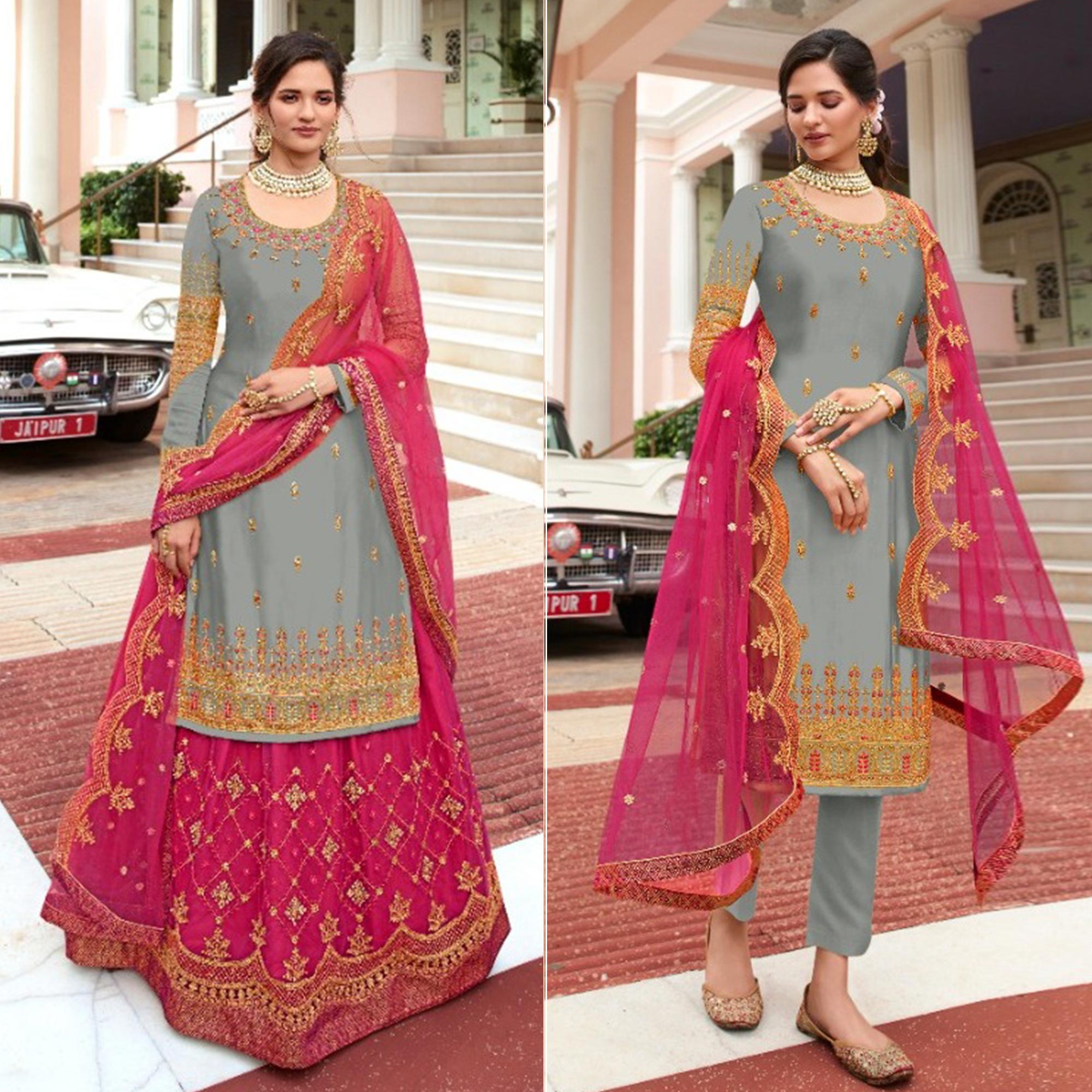 Grey Embroidered Georgette Lehenga Kameez And Suit