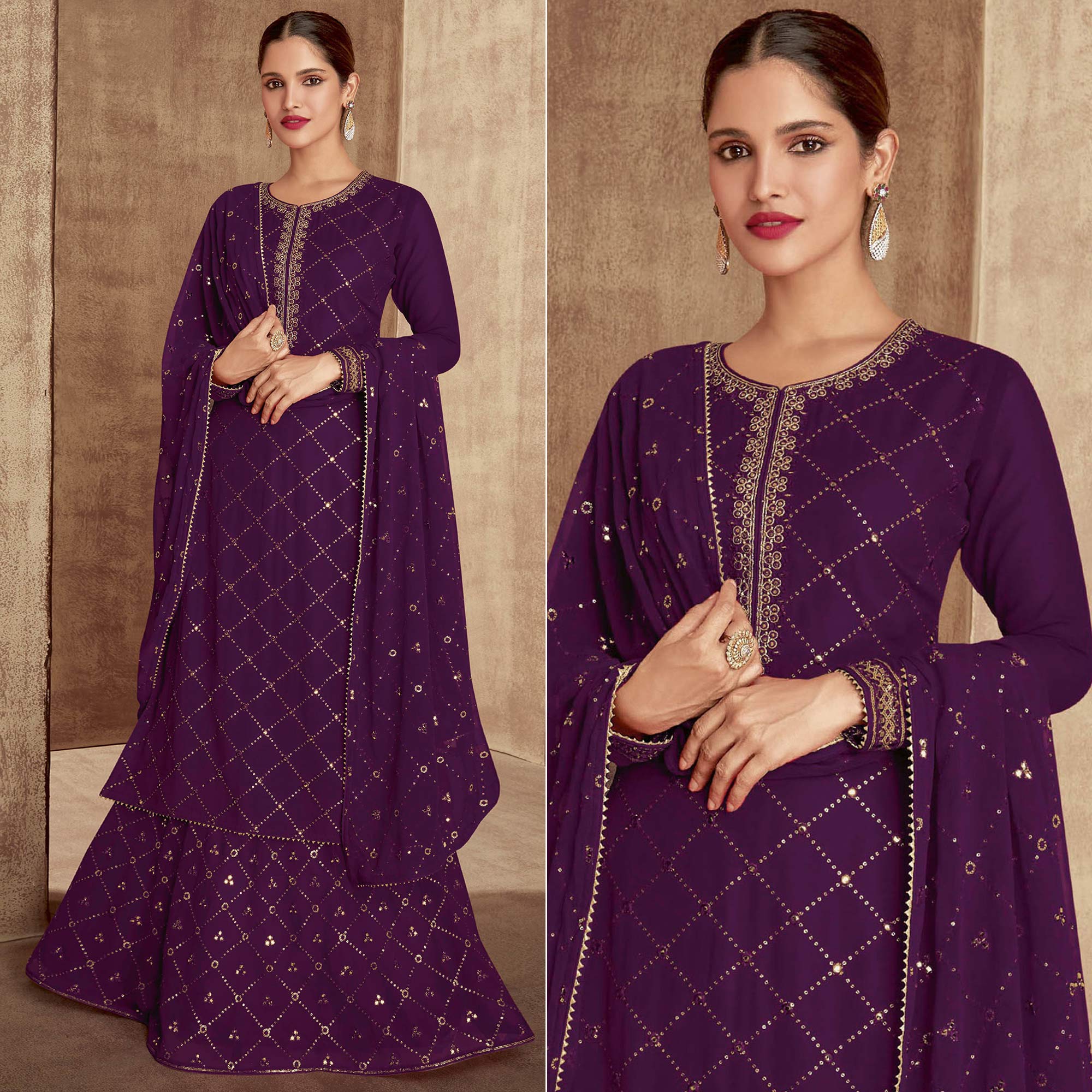 Purple Sequins Embroidered Georgette Palazzo Suit