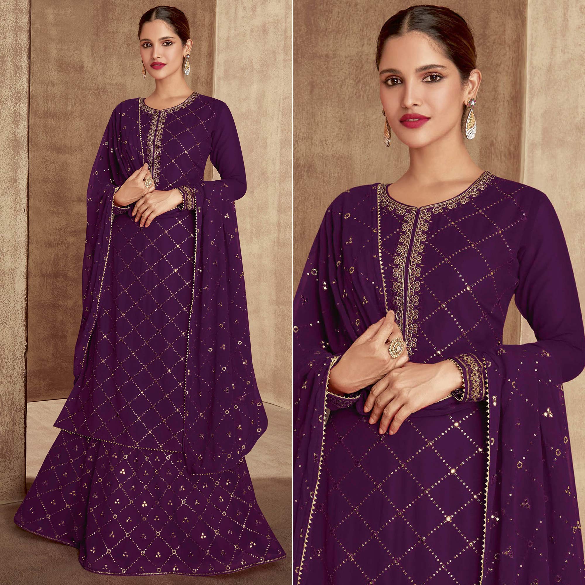 Purple Sequins Embroidered Georgette Semi Stitched Palazzo Suit