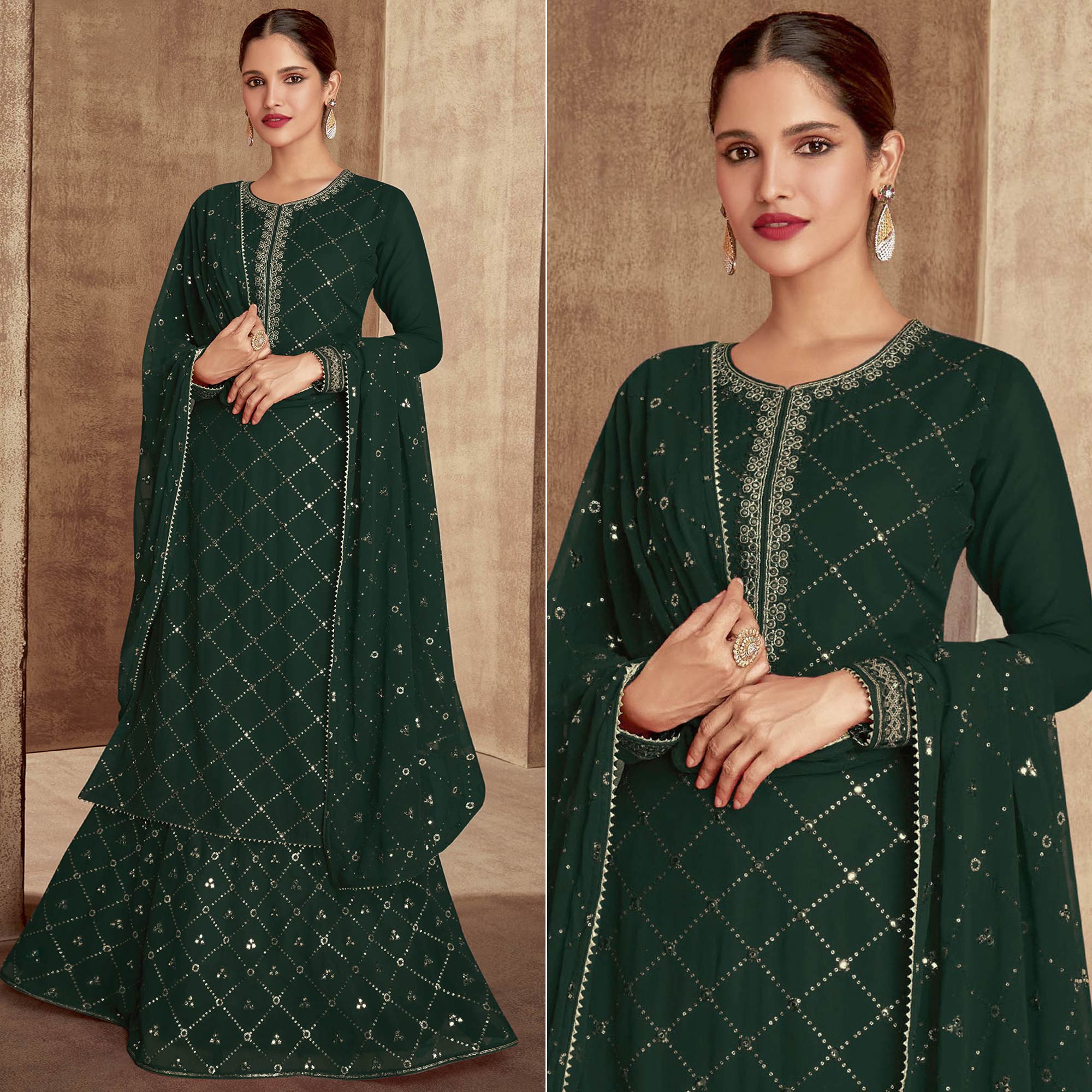 Green Sequins Embroidered Georgette Semi Stitched Palazzo Suit