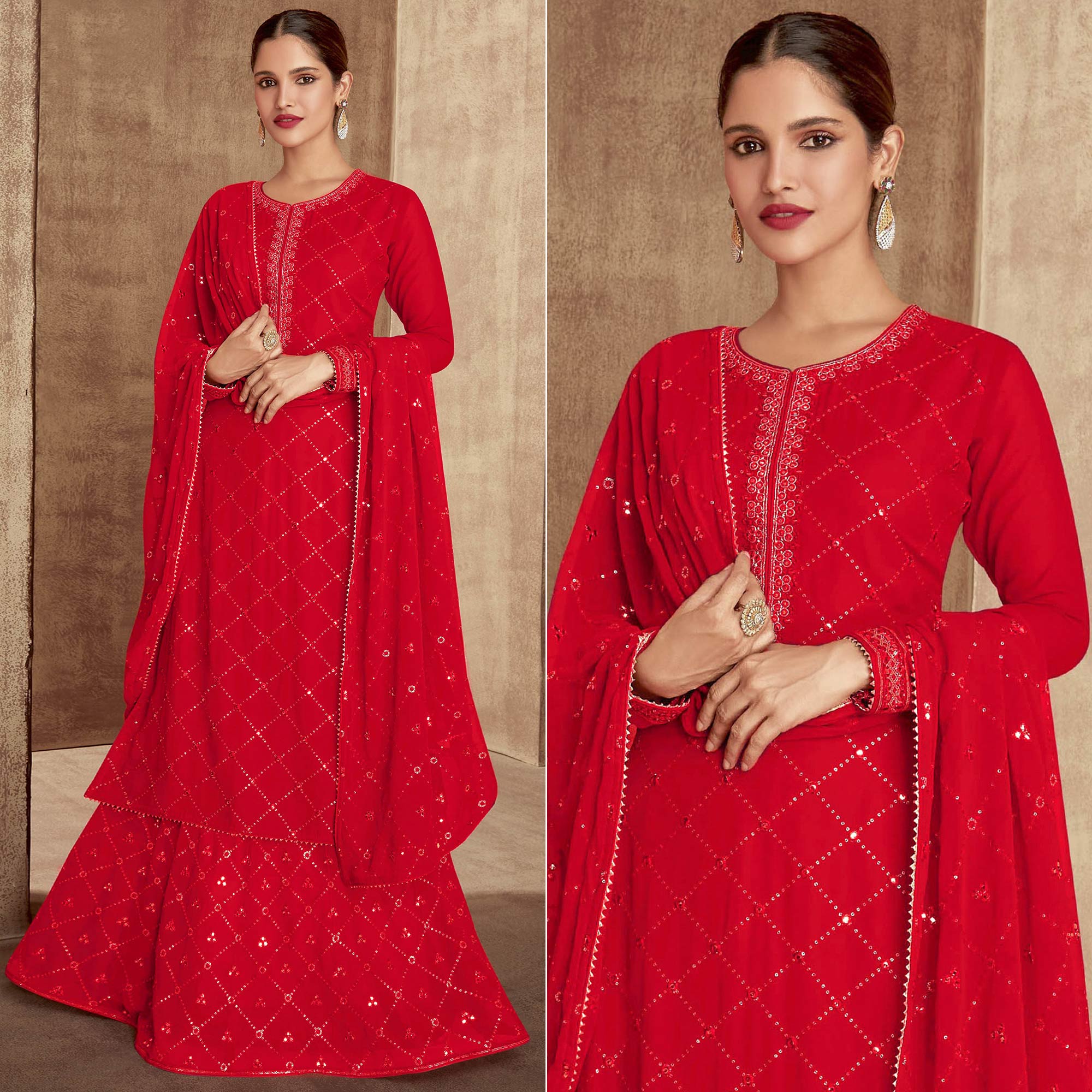 Red Sequins Embroidered Georgette Semi Stitched Palazzo Suit