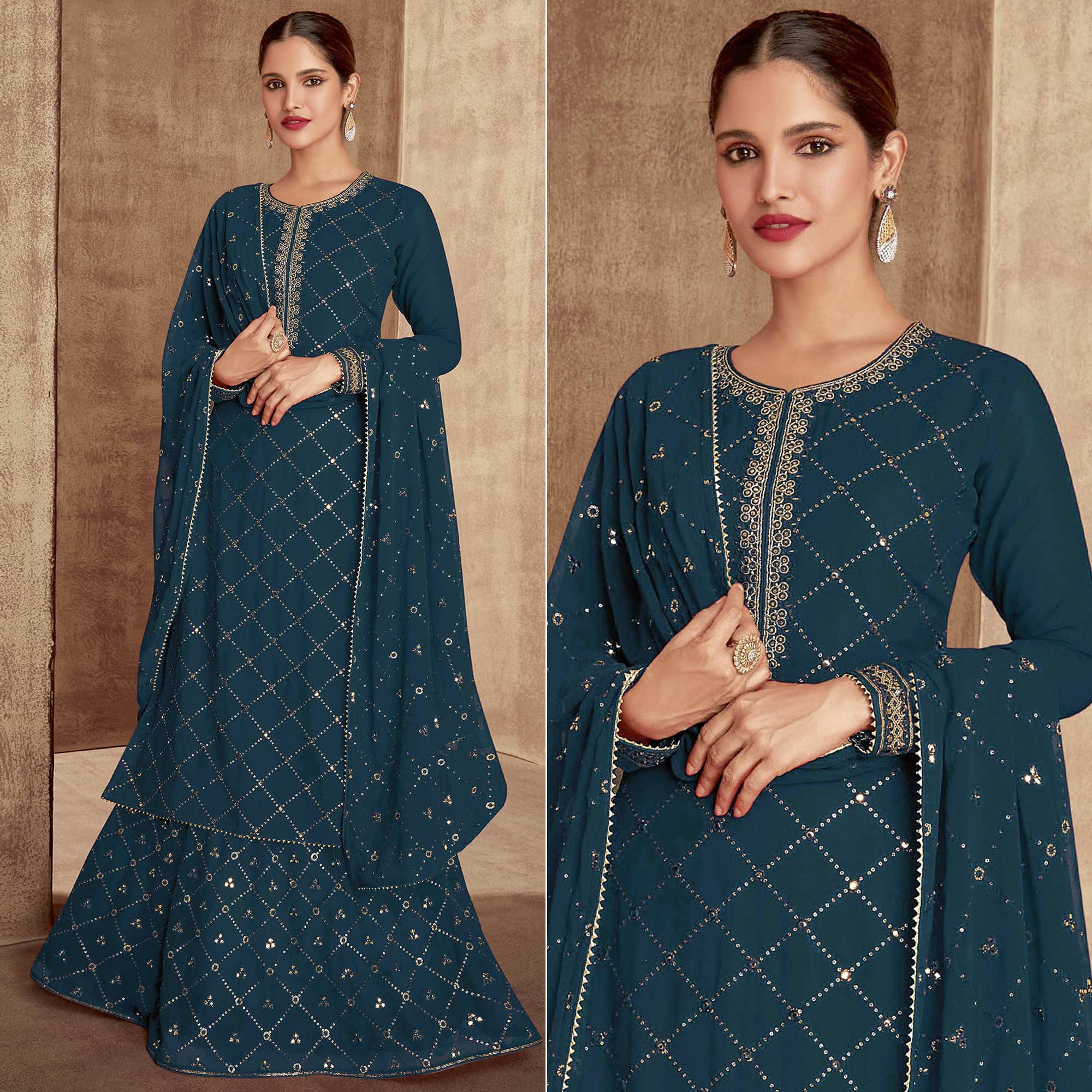 Blue Sequins Embroidered Georgette Semi Stitched Palazzo Suit