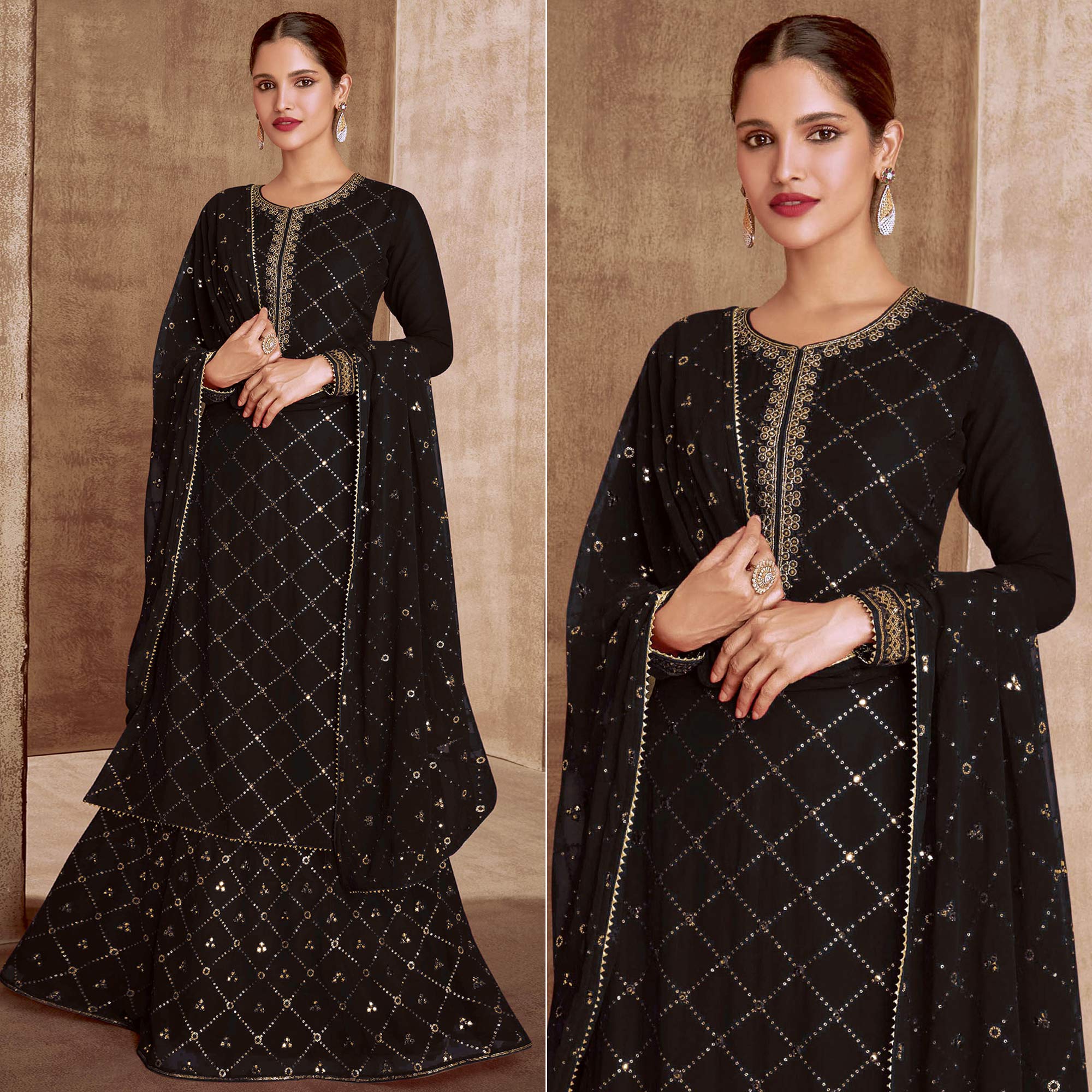 Black Sequins Embroidered Georgette Semi Stitched Palazzo Suit