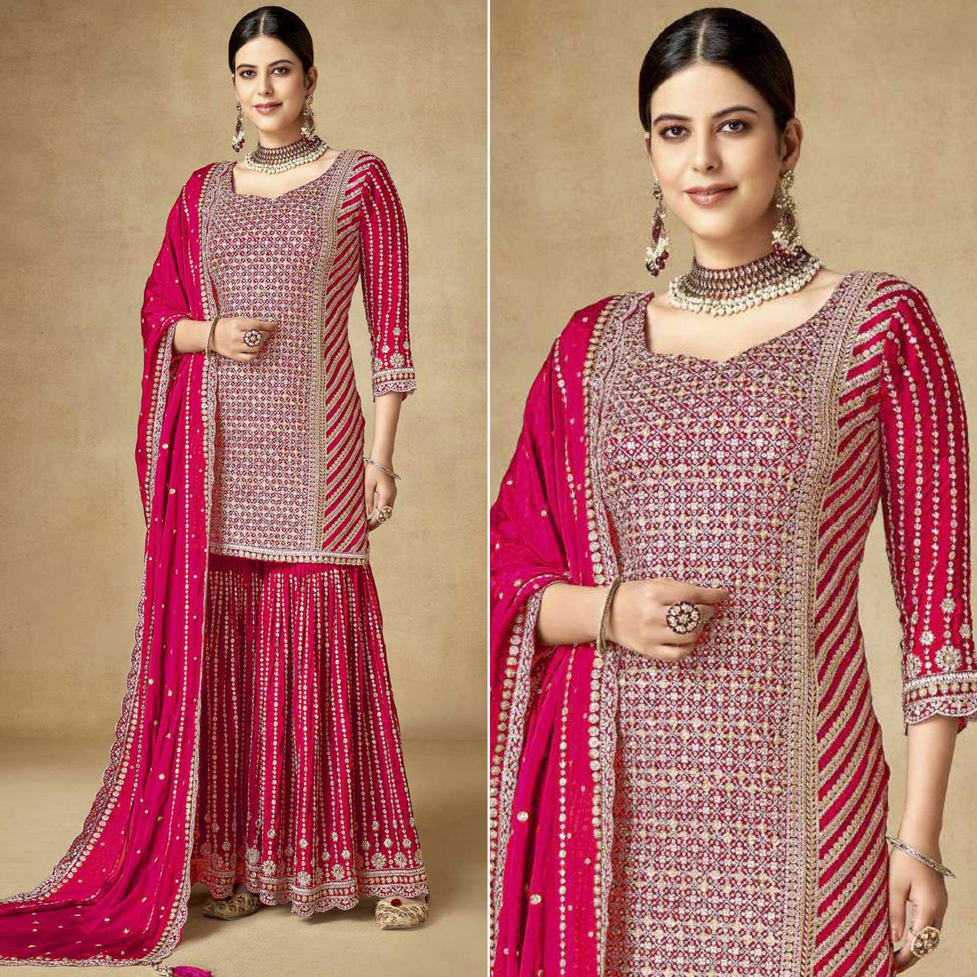 Pink Sequins Embroidered Chinon Semi Stitched Sharara Suit
