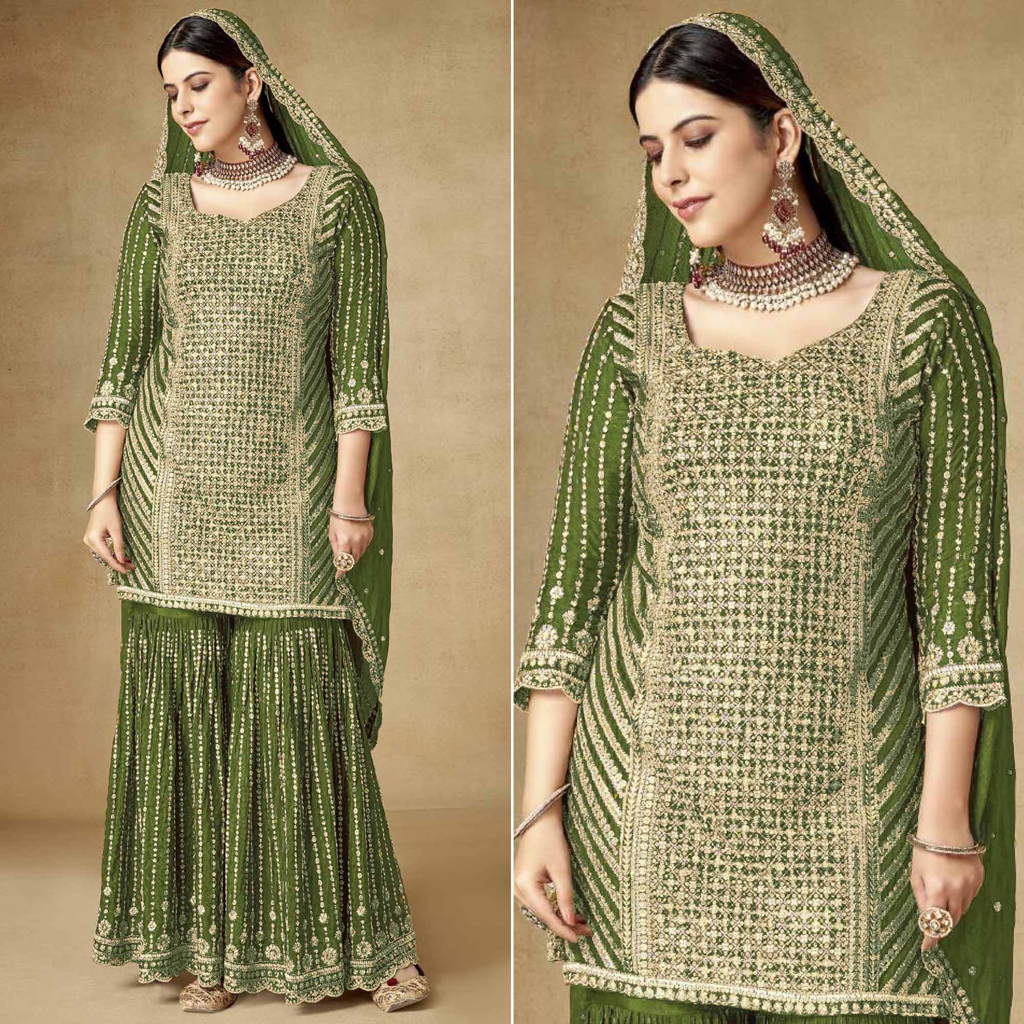 Green Sequins Embroidered Chinon Semi Stitched Sharara Suit