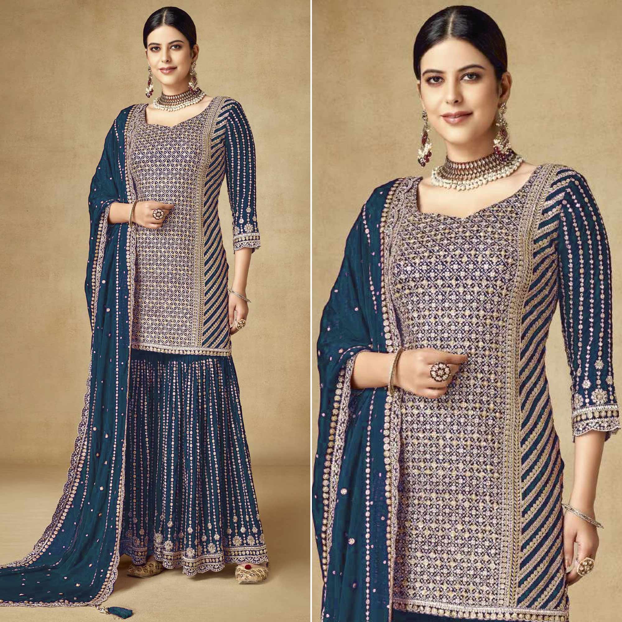 Blue Sequins Embroidered Chinon Semi Stitched Sharara Suit