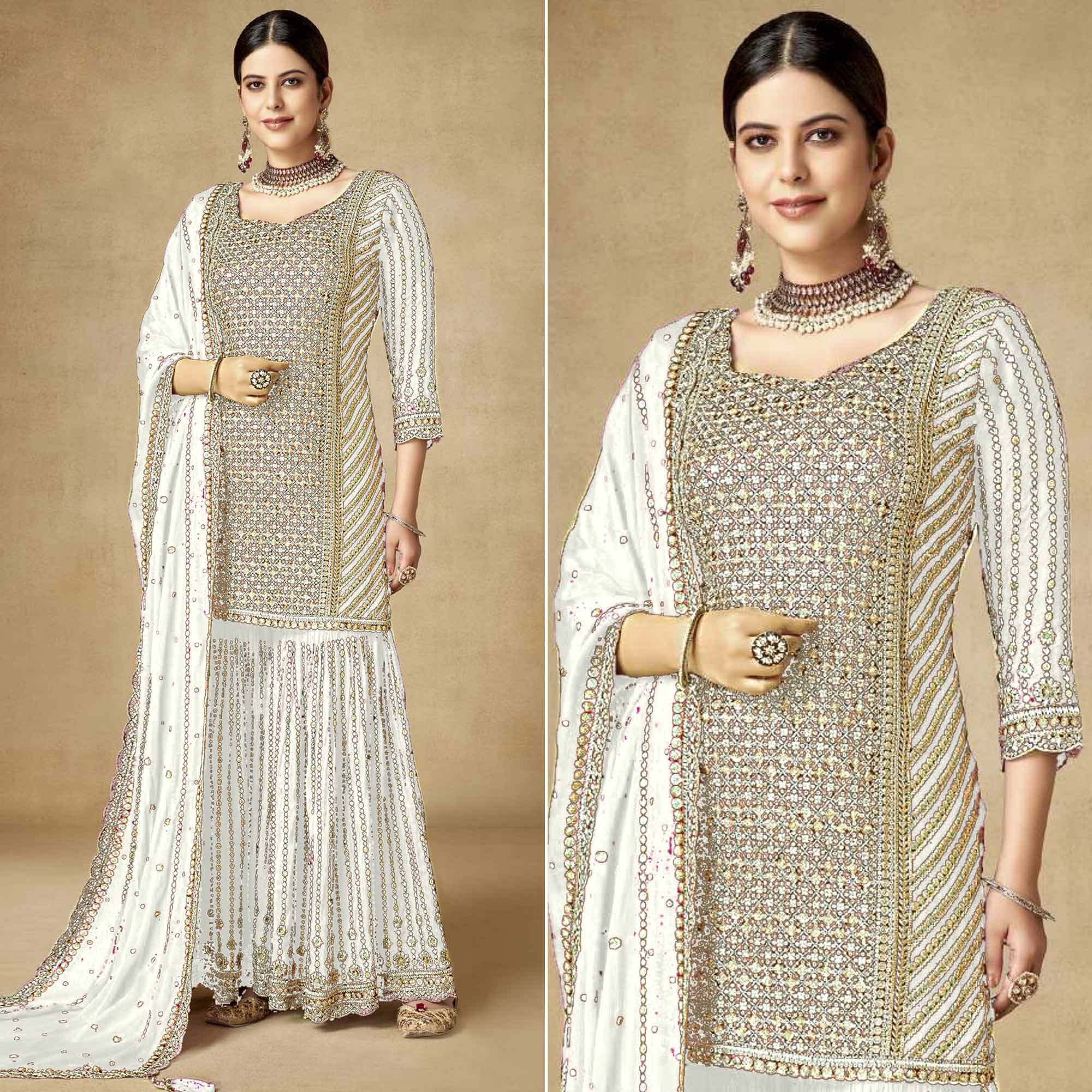 White Sequins Embroidered Chinon Semi Stitched Sharara Suit