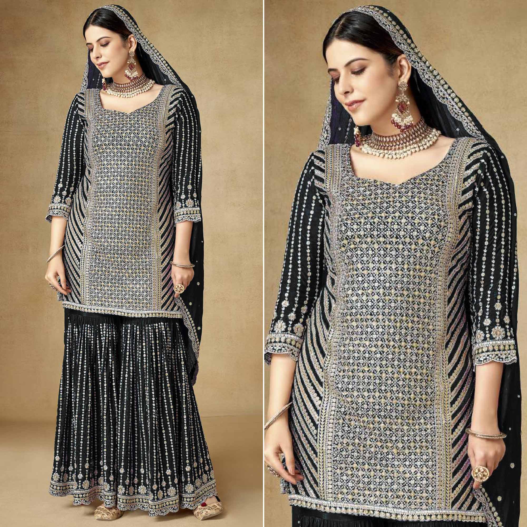 Black Sequins Embroidered Chinon Semi Stitched Sharara Suit