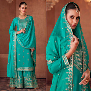 Turquoise Floral Sequins Embroidered Georgette Semi Stitched Palazzo Suit