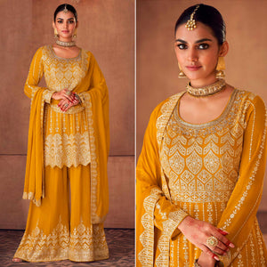 Yellow Floral Sequins Embroidered Georgette Semi Stitched Palazzo Suit